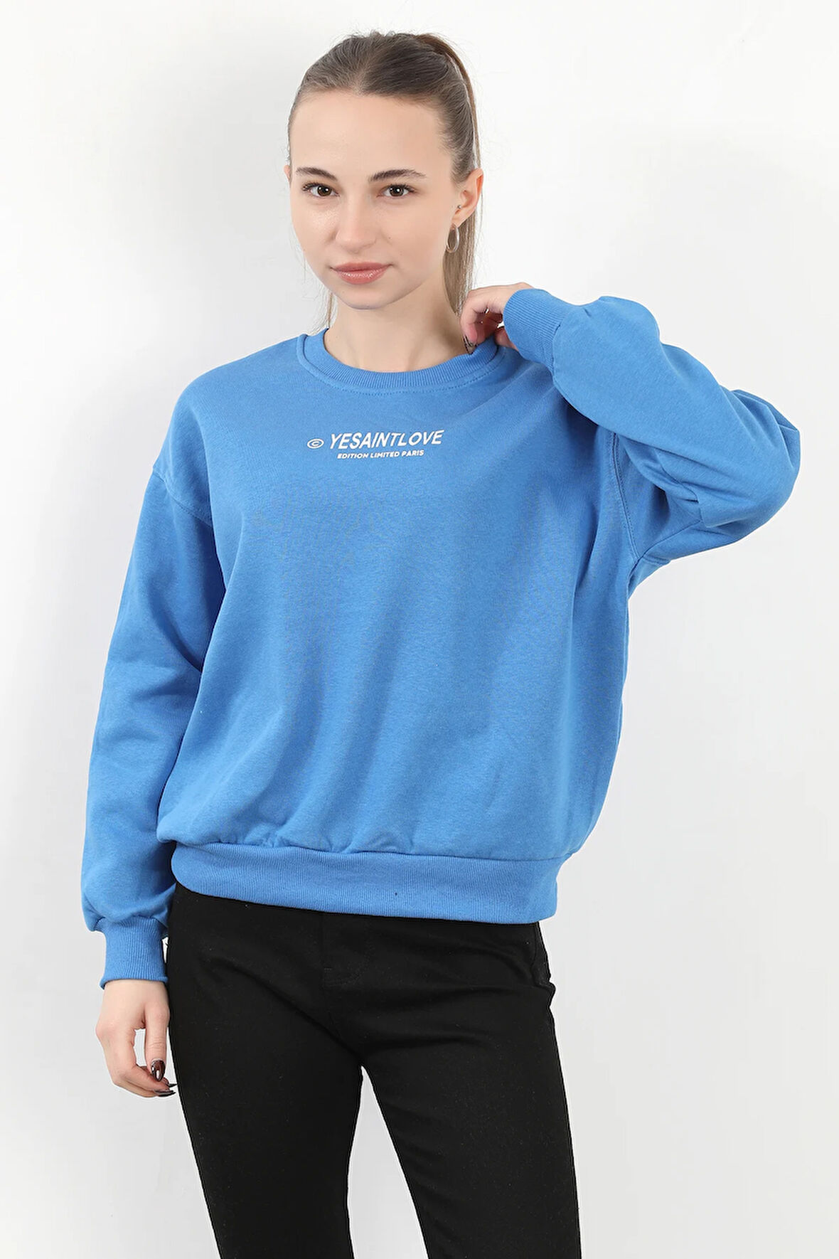 Kadın Bisiklet Yaka Yesantlove Baskılı Oversize Sweatshirt Mavi - 2587