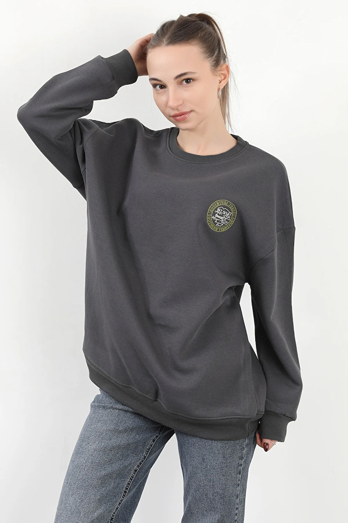 Kadın Adventure 3 İp Nakışlı Bisiklet Yaka Oversize Sweatshirt Antrasit - 9003