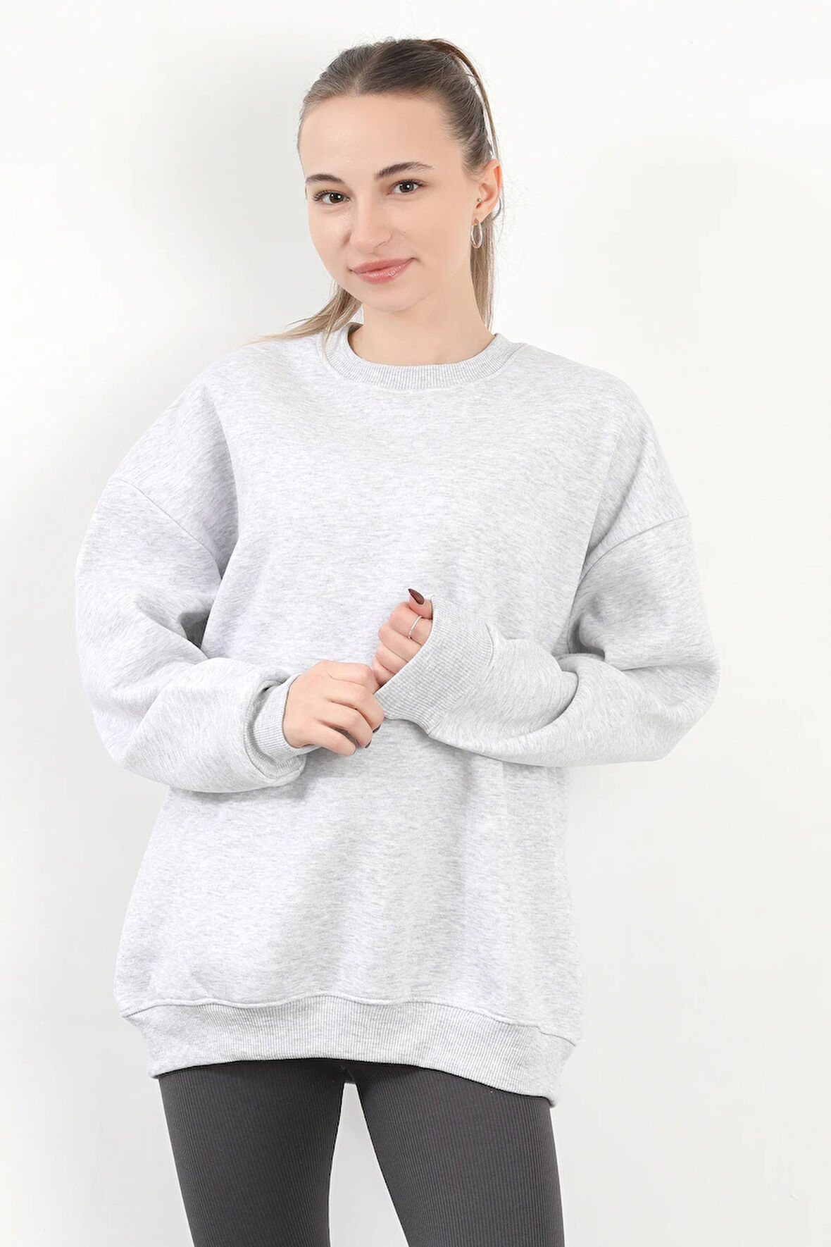 Kadın Bisiklet Yaka Oversize Pamuklu Sweatshirt Karmelanj - 9008