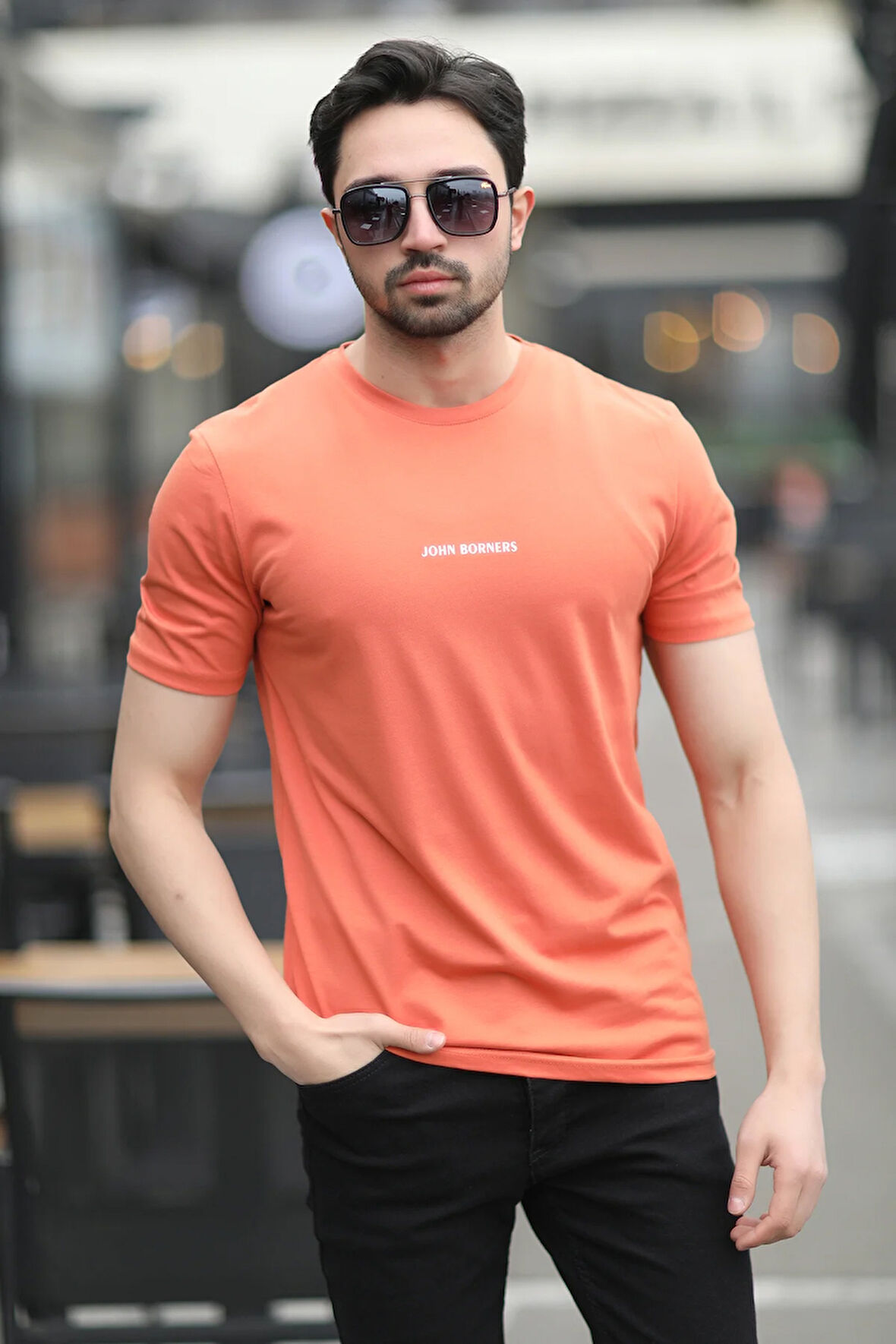 Erkek Bisiklet Yaka John Borners Dijital Baskılı T-Shirt Turuncu - 2020-4