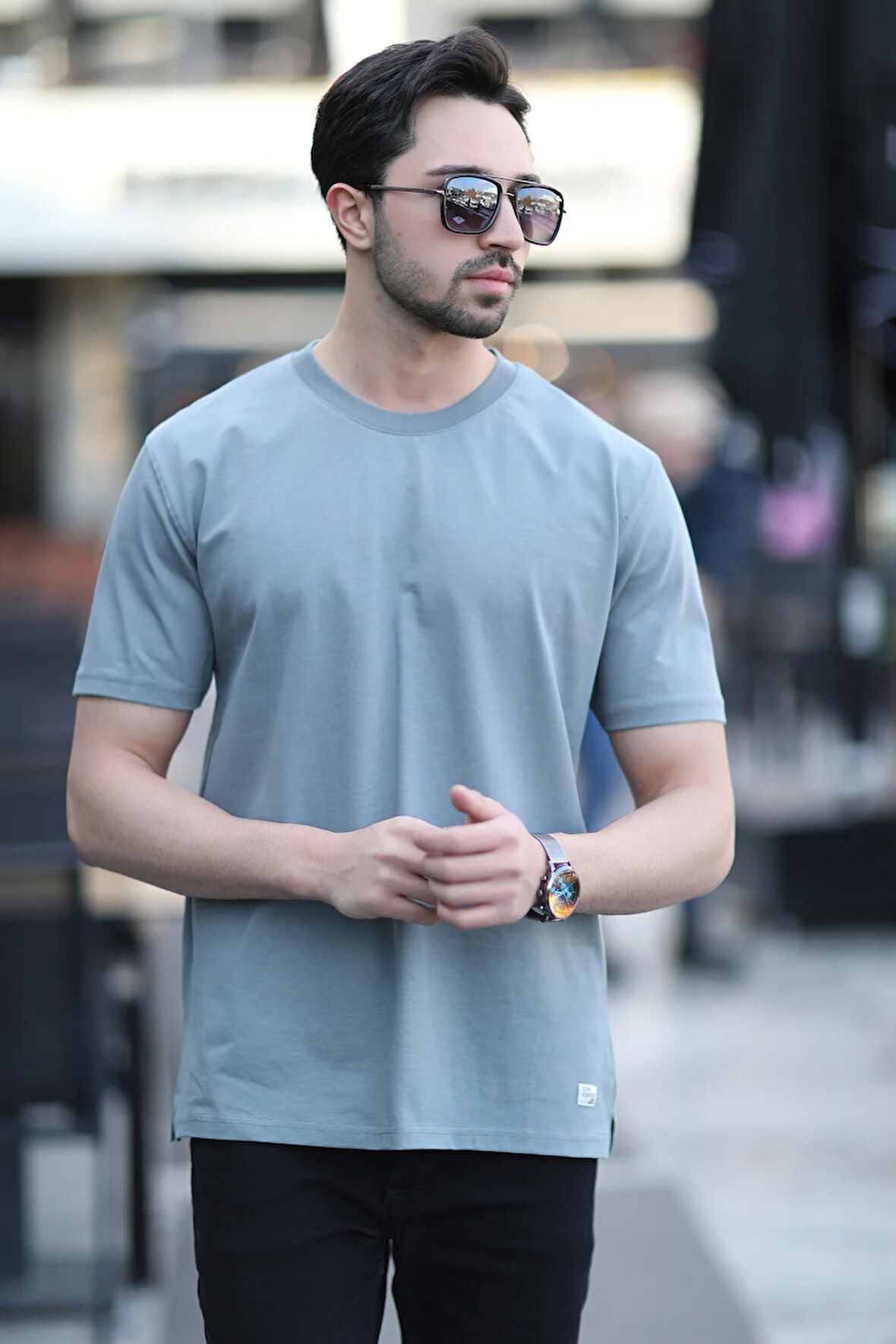 Erkek Bisiklet Yaka Regular Fit Pamuklu T-Shirt Açık Haki - 5446