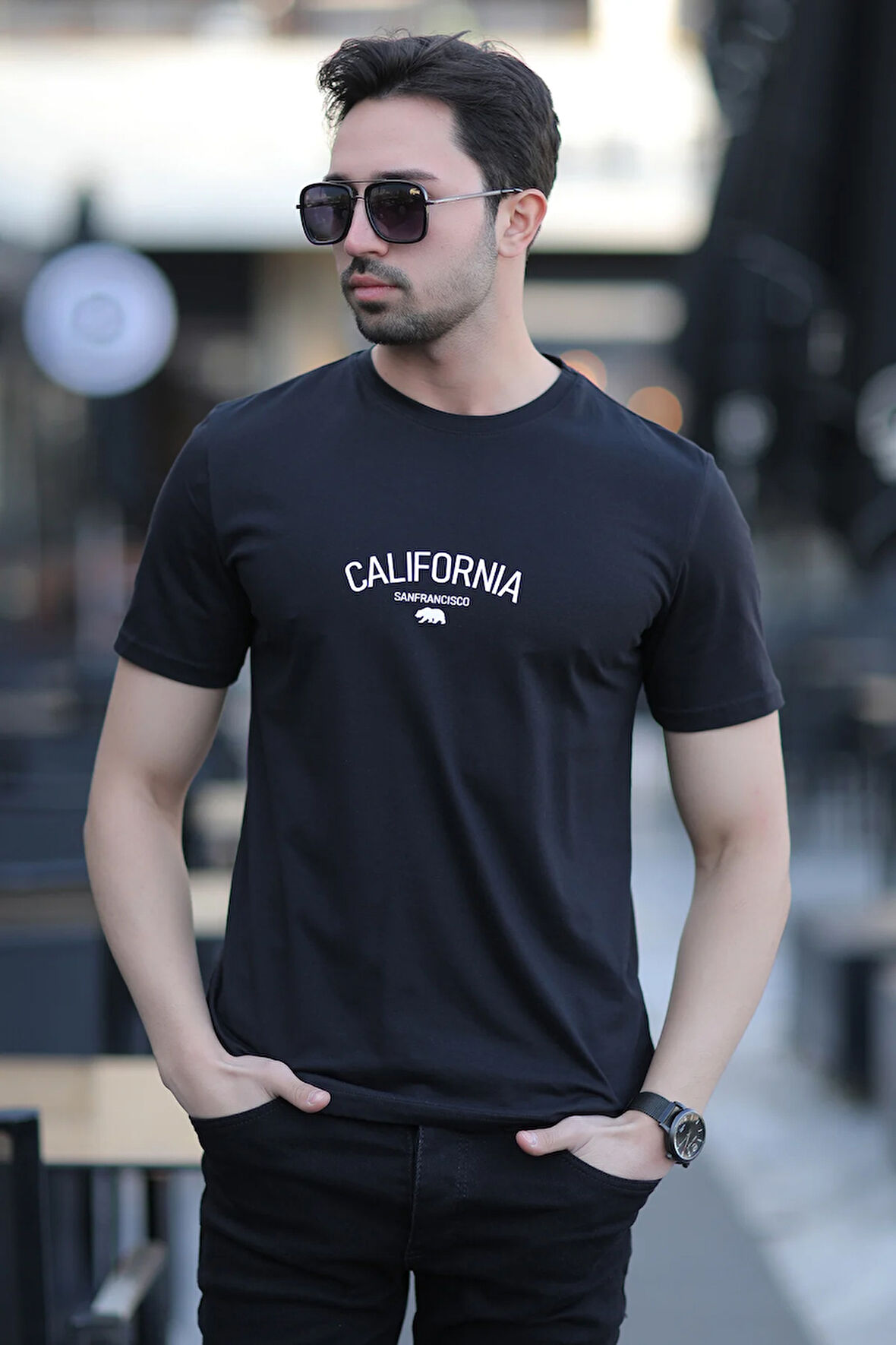 Erkek Bisiklet Yaka California Enjeksiyon Baskılı T-Shirt Siyah - 2020-2