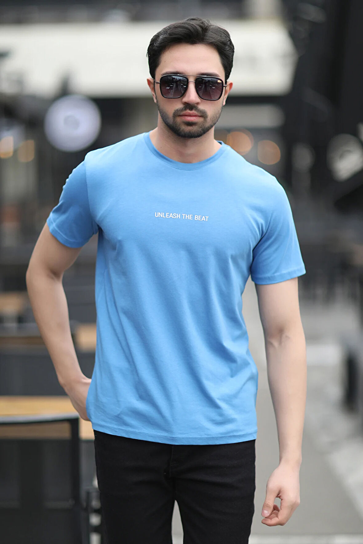 Erkek Bisiklet Yaka Unleash Enjeksiyon Baskılı T-Shirt Mavi - 2020-1