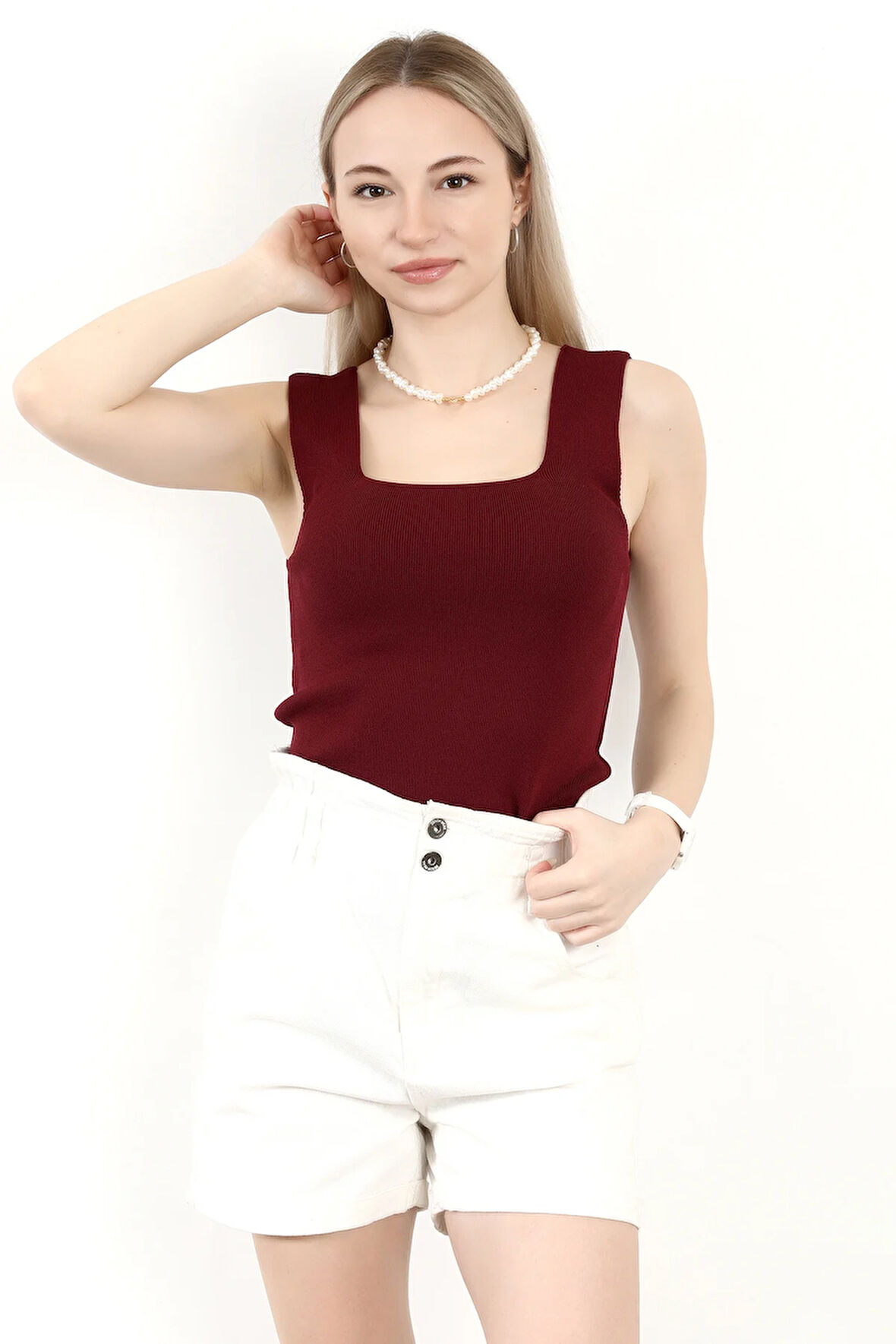 Kadın Kare Yaka Kalın Askılı Basic Triko Bluz Bordo - 2000