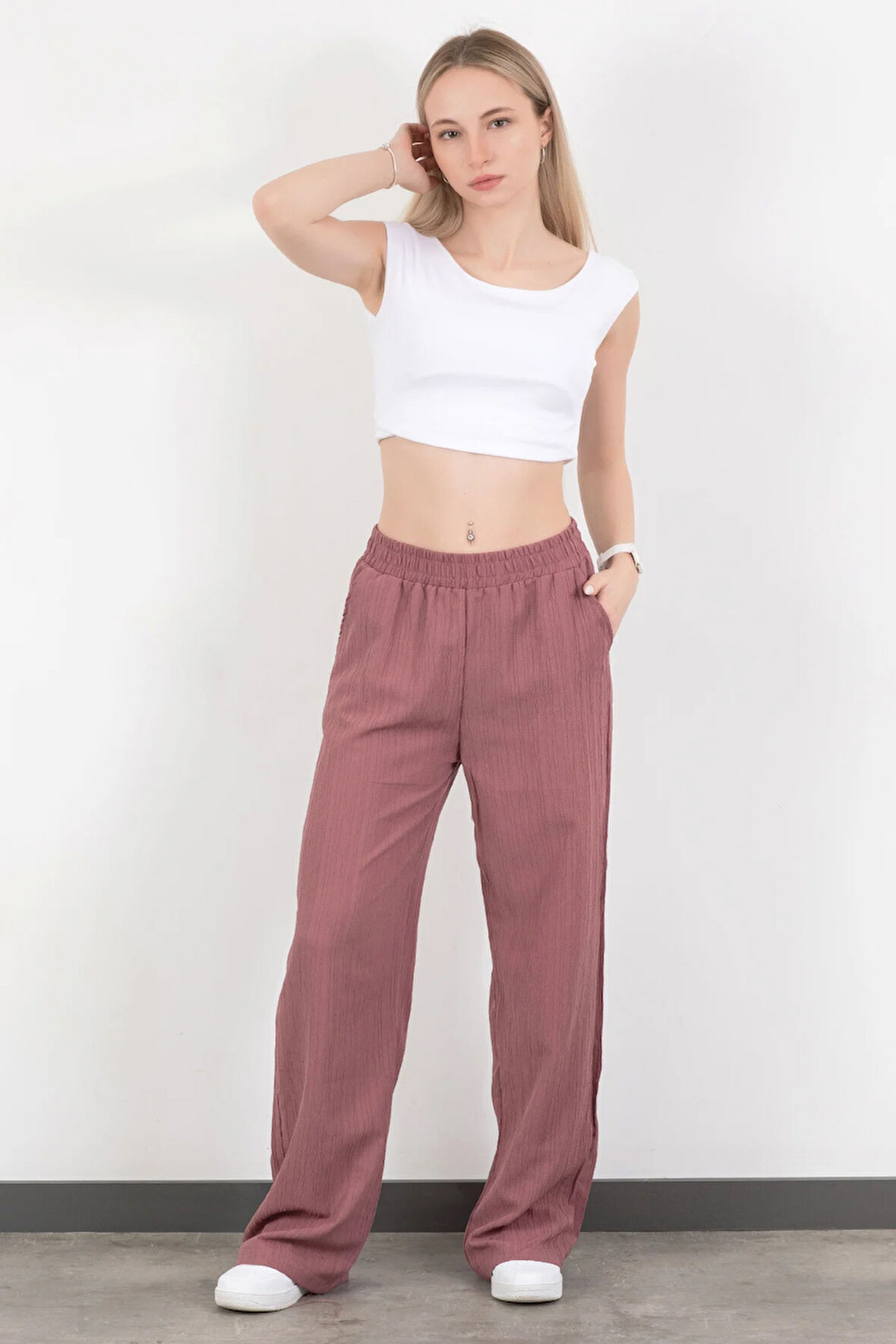 Kadın Beli Lastikli Bol Paça Cep Detaylı Pantolon Lila - 25576