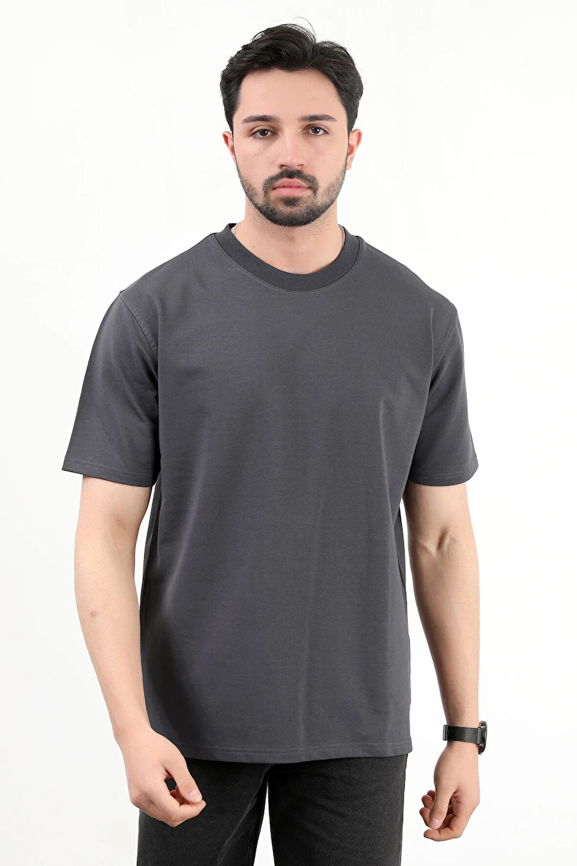 Erkek Bisiklet Yaka Pamuklu T-Shirt Antrasit - 2610