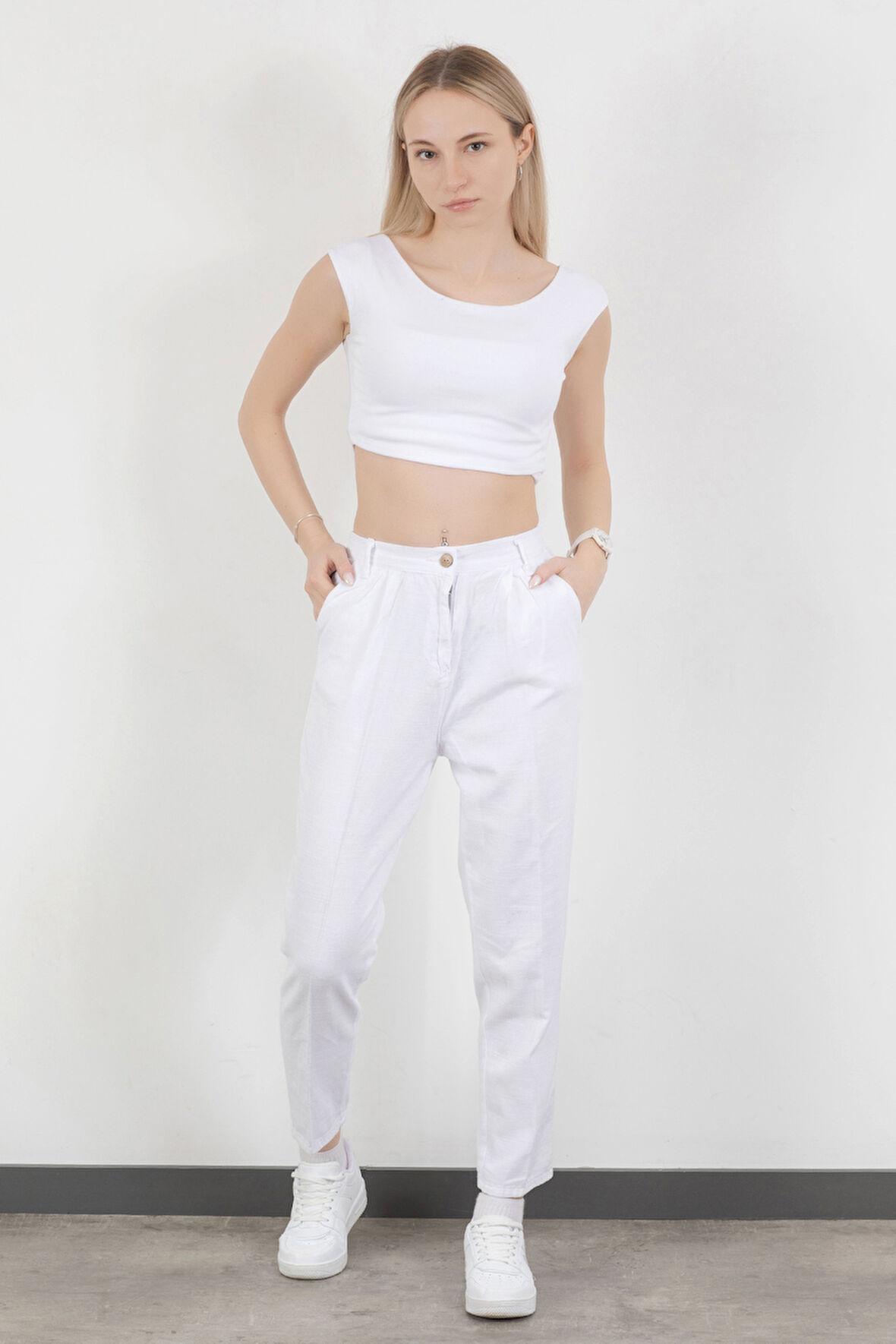 Kadın Beli Lastikli Çift Cepli Dar Paça Pantolon Beyaz - 5121