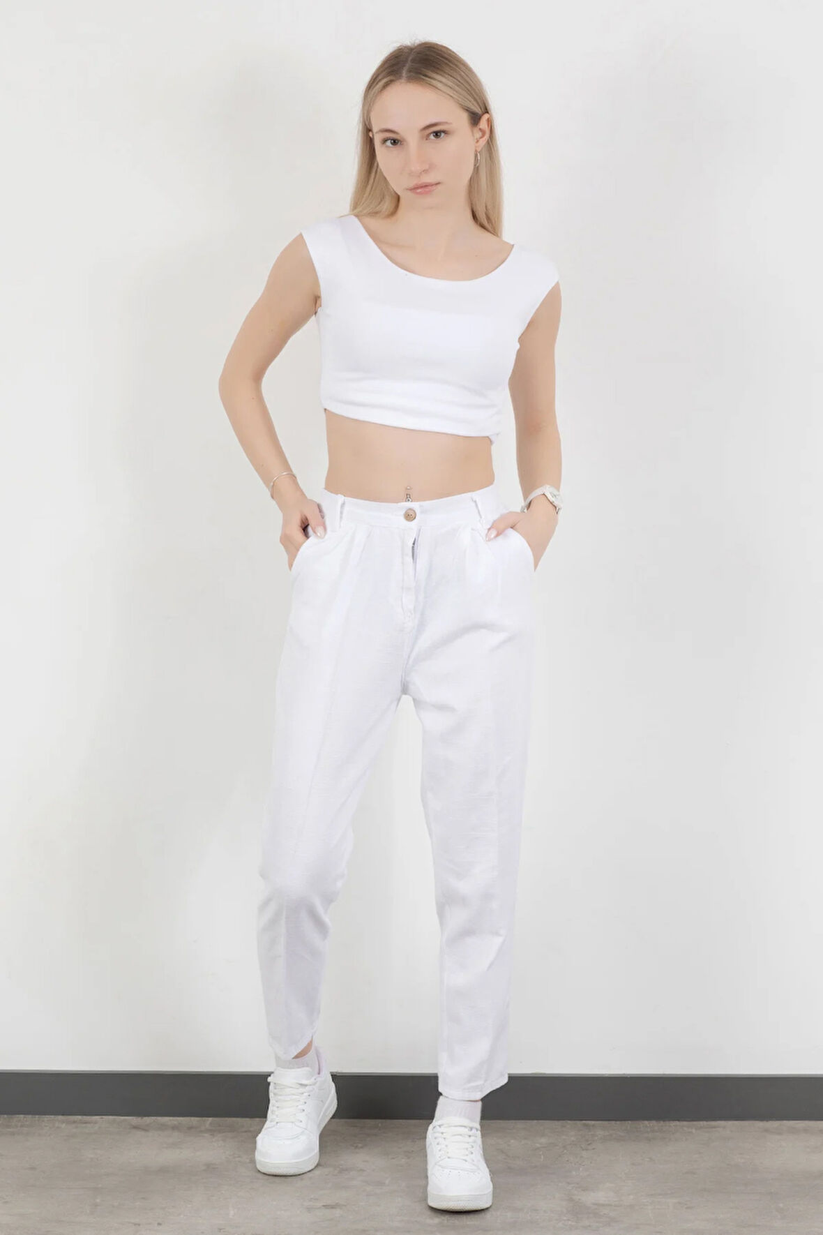 Kadın Beli Lastikli Çift Cepli Dar Paça Pantolon Beyaz - 5121