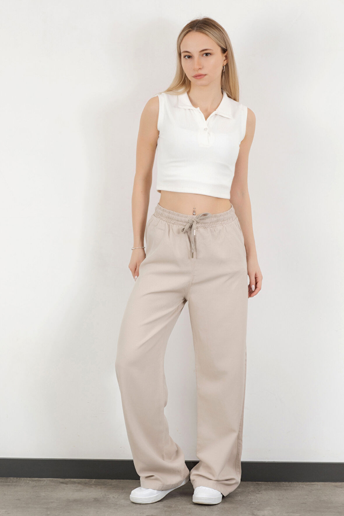 Kadın Beli Lastikli Bağcıklı Bol Paça Pantolon Taş - 4707