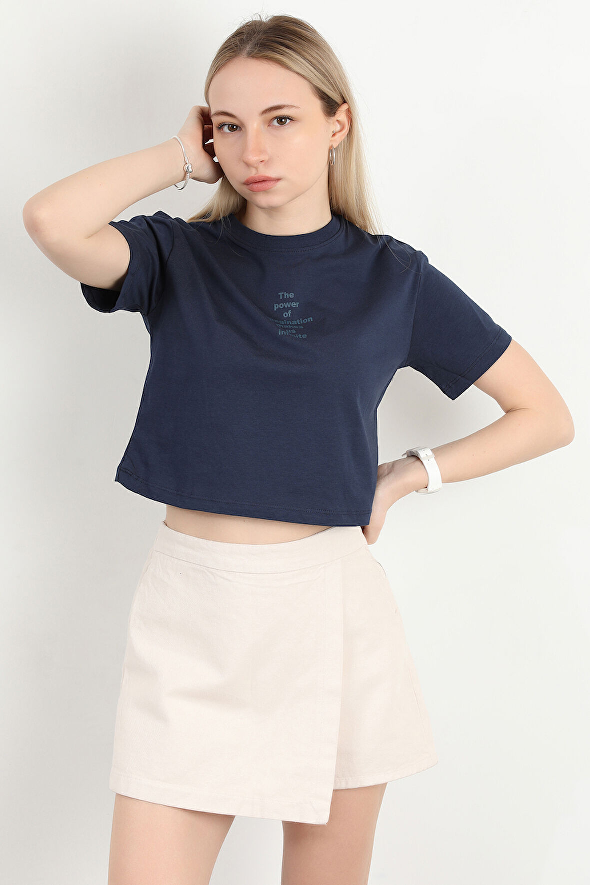 Kadın Bisiklet Yaka The Power Of Baskılı T-Shirt Lacivert - 925026