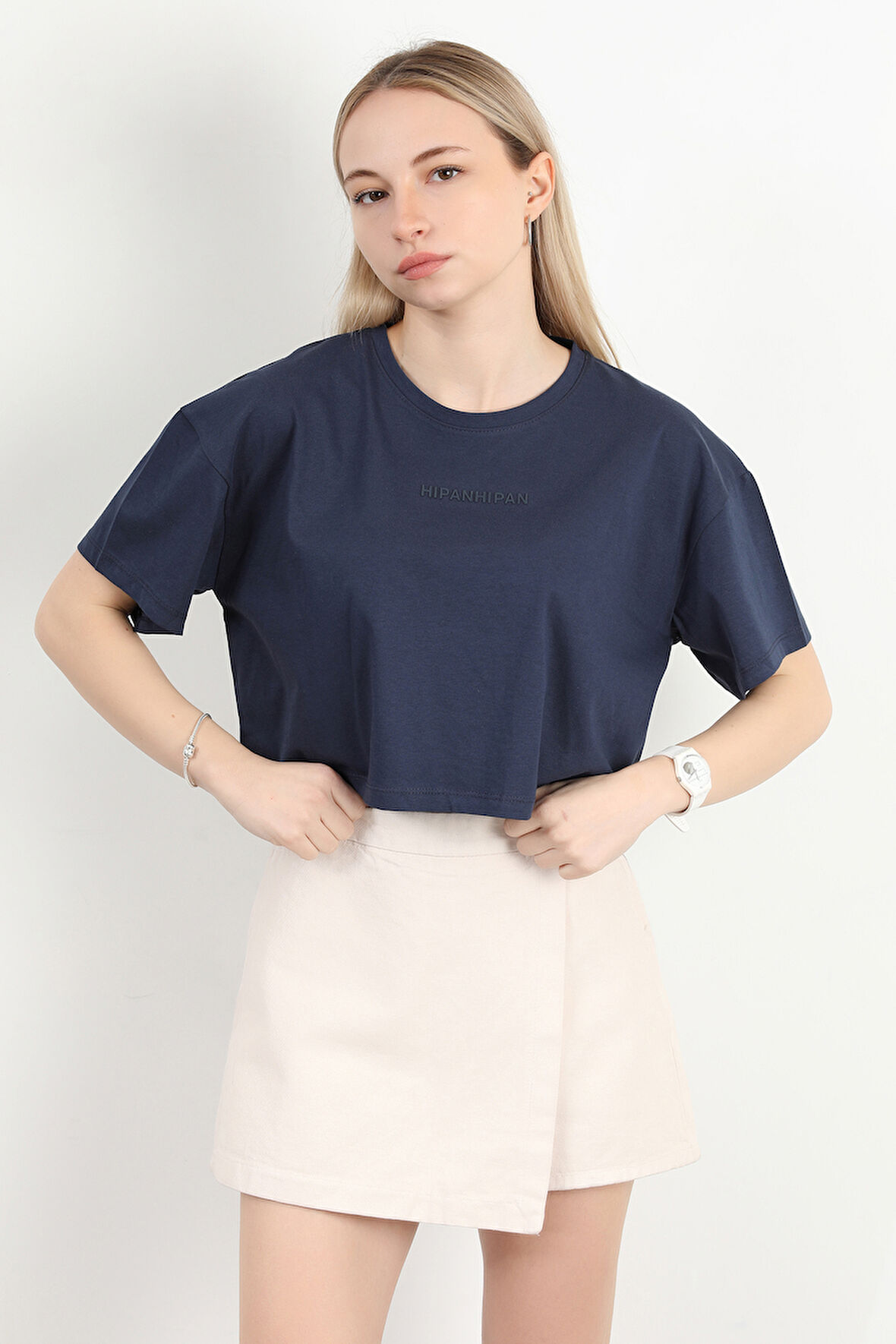 Kadın Bisiklet Yaka Hipan Hipan Baskılı T-Shirt Lacivert - 925041