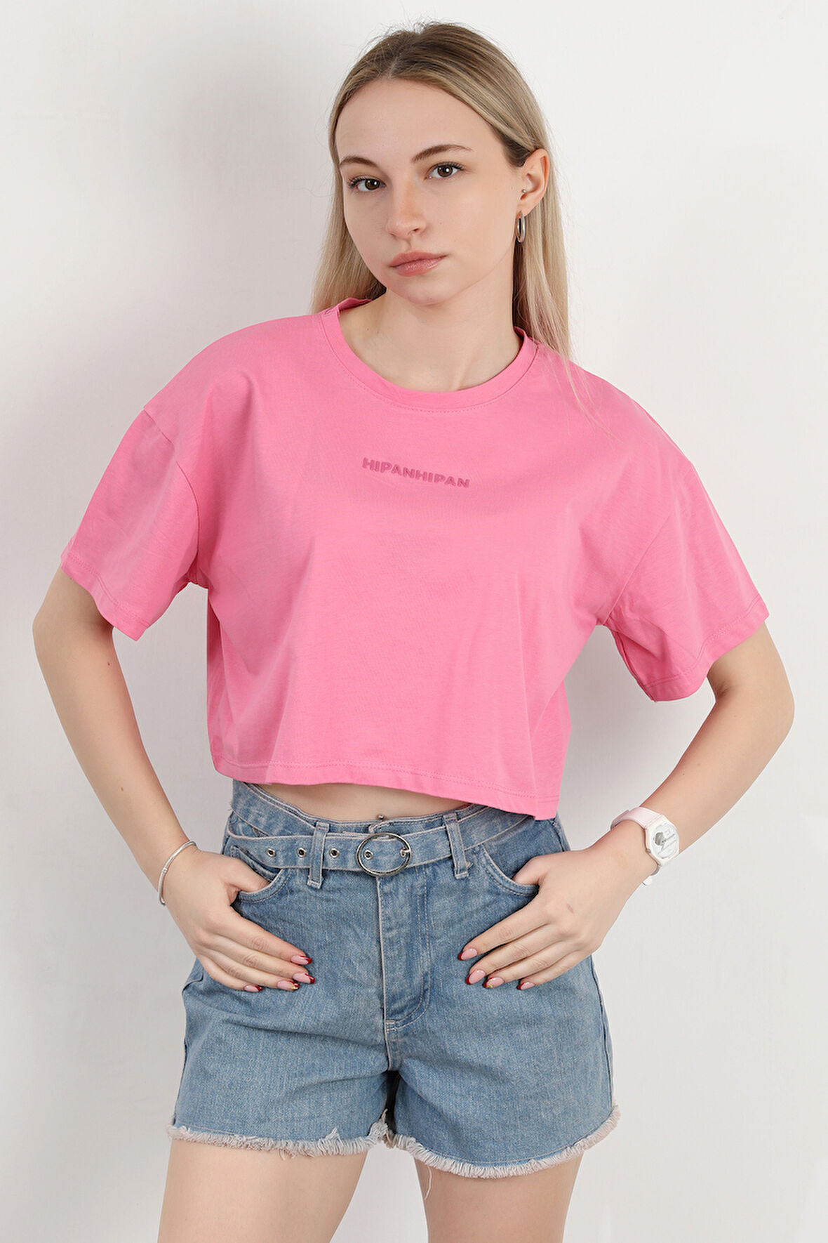 Kadın Bisiklet Yaka Hipan Hipan Baskılı T-Shirt Pembe - 925041