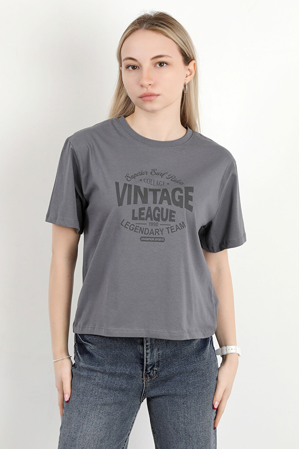 Kadın Bisiklet Yaka Vintage Baskılı T-Shirt Antrasit - 925021