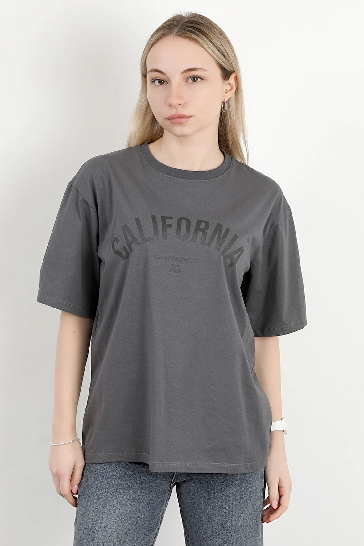 Kadın Bisiklet Yaka California Baskılı T-Shirt Antrasit - 925012