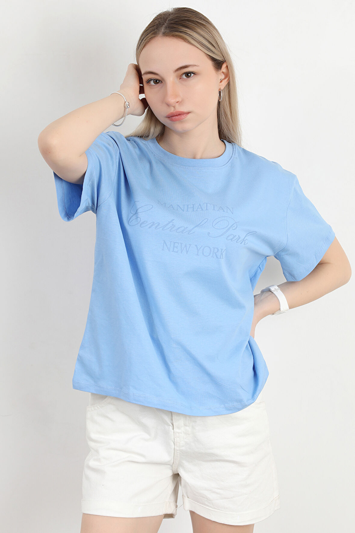 Kadın Bisiklet Yaka Central Park Baskılı T-Shirt Mavi - 925031