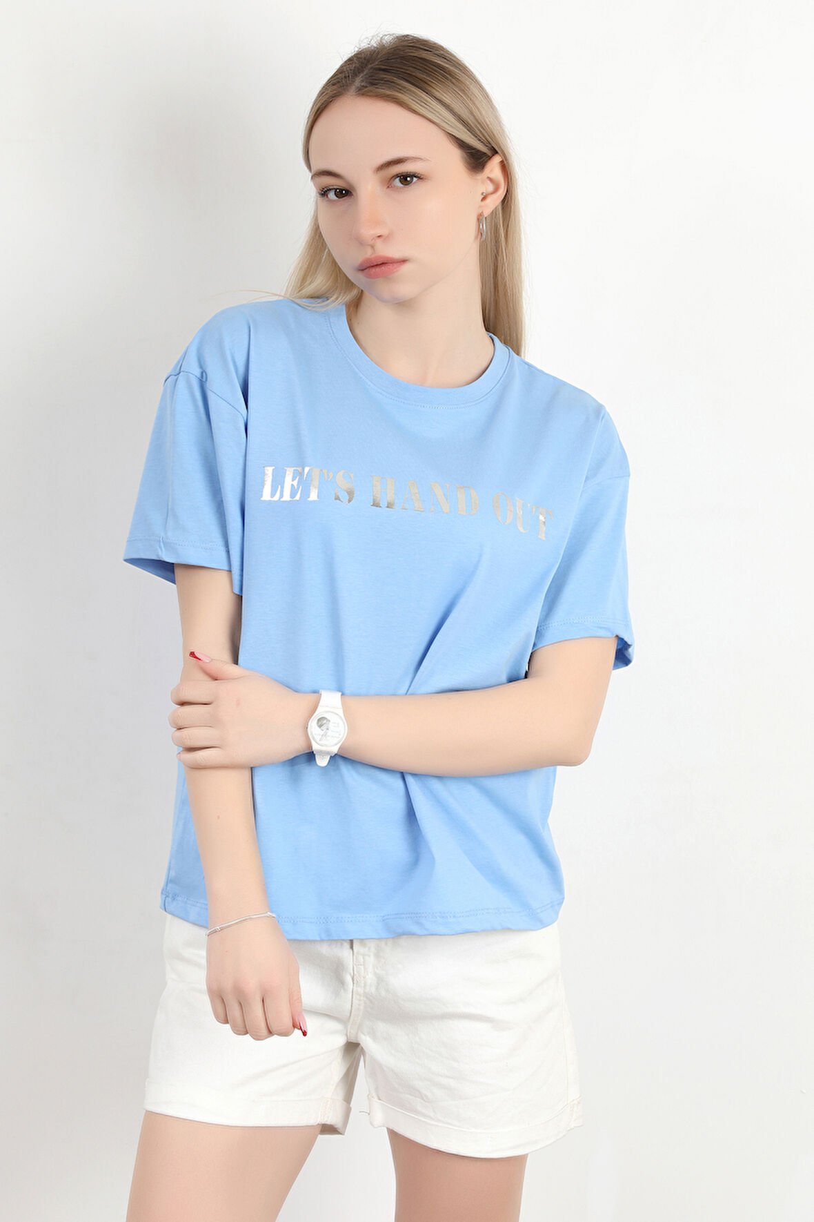 Kadın Bisiklet Yaka Lets Hand Varak Baskılı T-Shirt Mavi - 925030