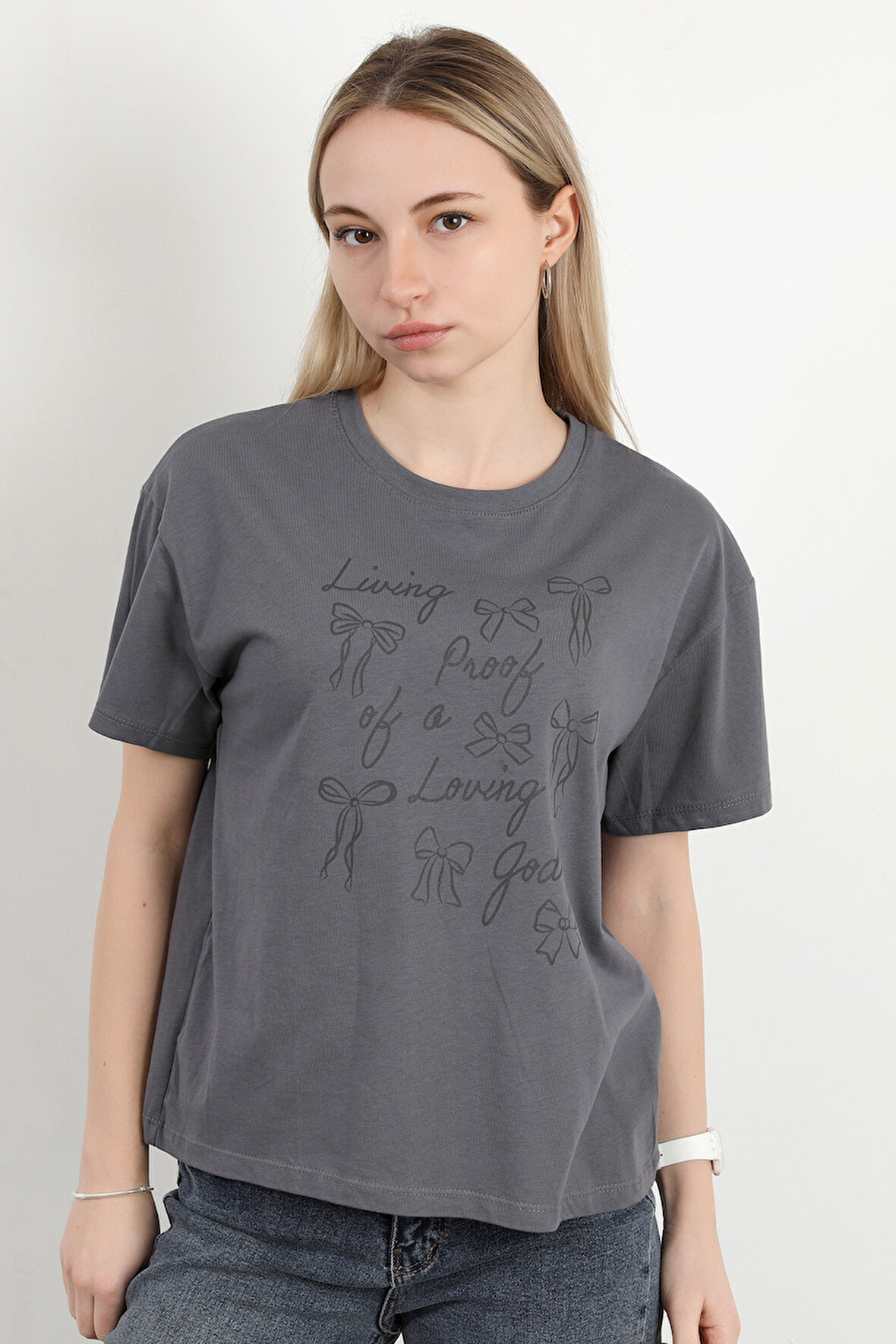 Kadın Bisiklet Yaka Baskılı Pamuklu T-Shirt Antrasit - 925033