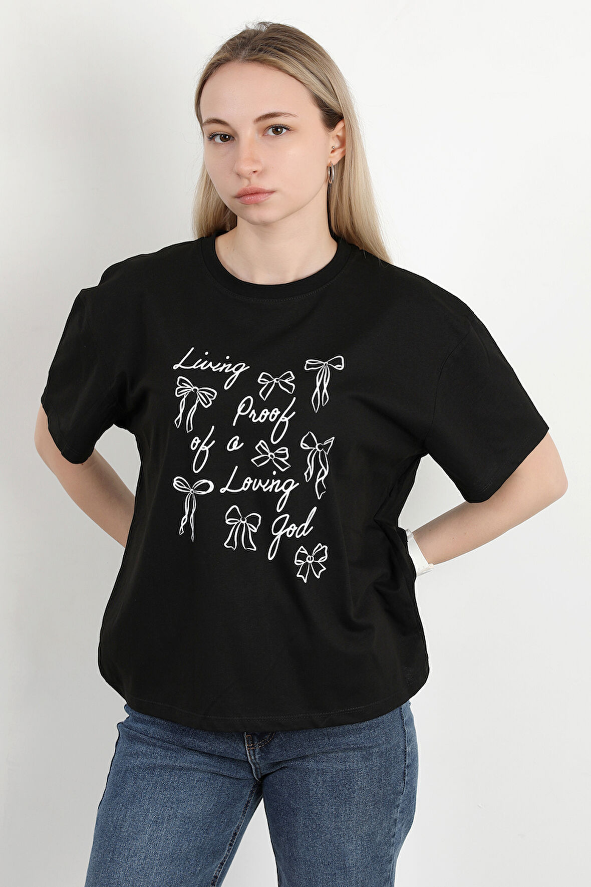 Kadın Bisiklet Yaka Baskılı Pamuklu T-Shirt Siyah - 925033