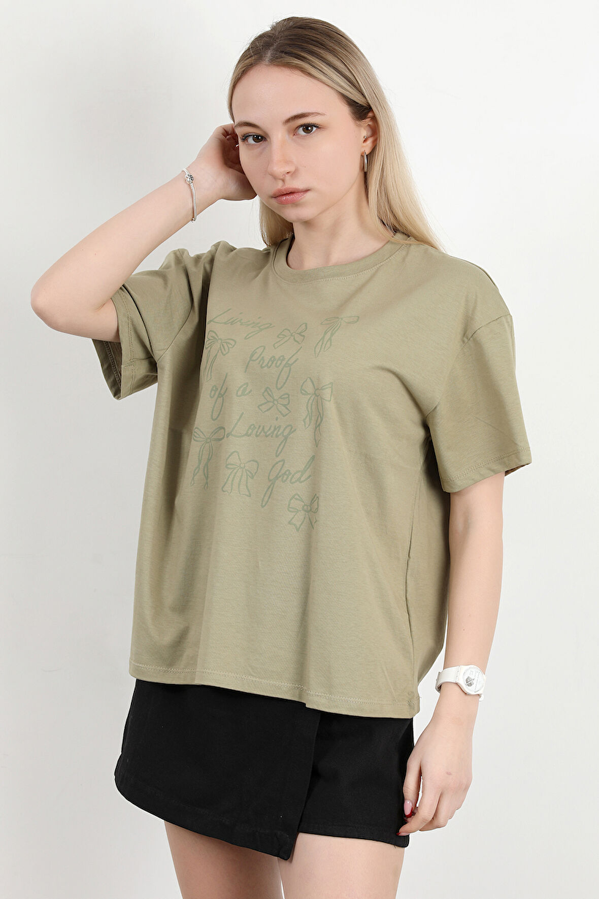 Kadın Bisiklet Yaka Baskılı Pamuklu T-Shirt Haki - 925033