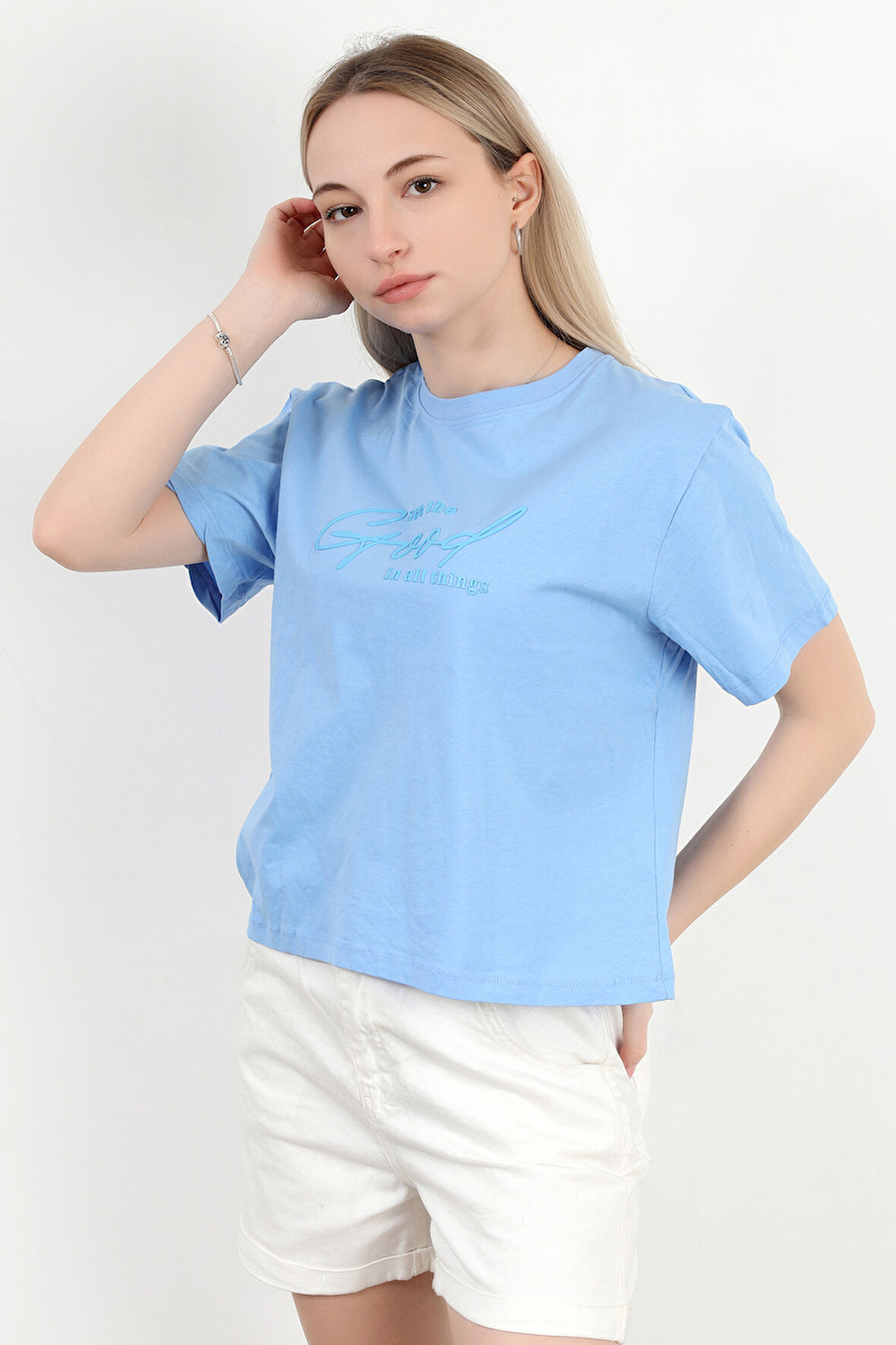 Kadın Bisiklet Yaka Yazı Baskılı Pamuklu T-Shirt Mavi - 925020