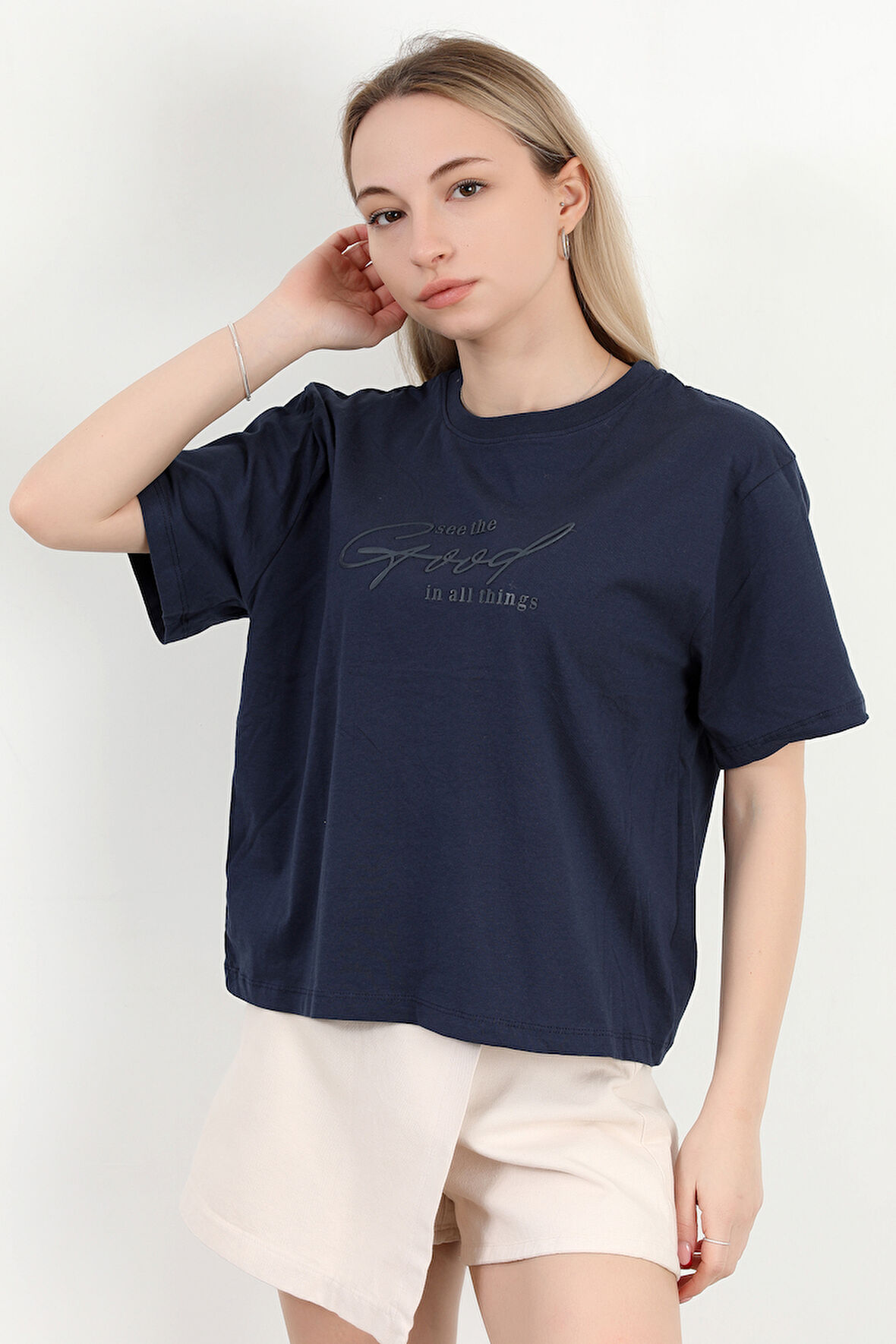 Kadın Bisiklet Yaka Yazı Baskılı Pamuklu T-Shirt Lacivert - 925020