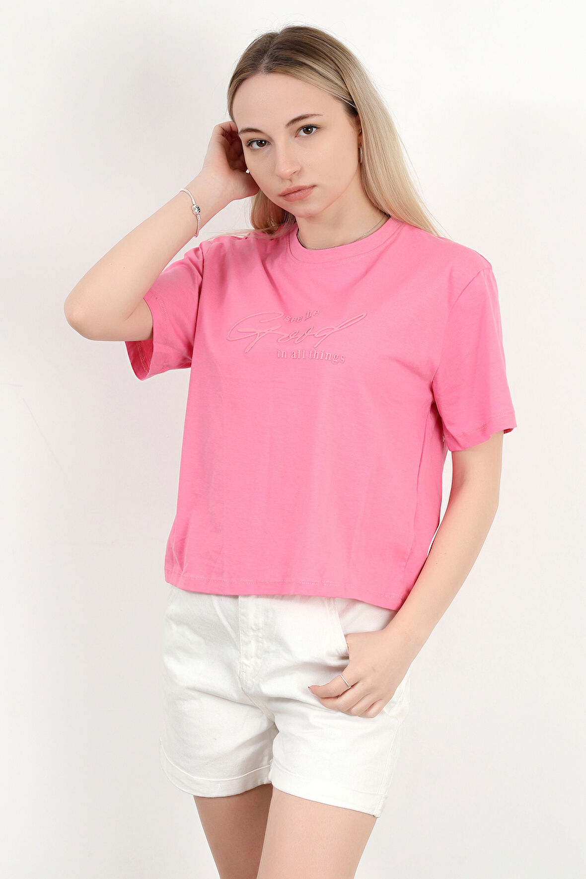 Kadın Bisiklet Yaka Yazı Baskılı Pamuklu T-Shirt Pembe - 925020