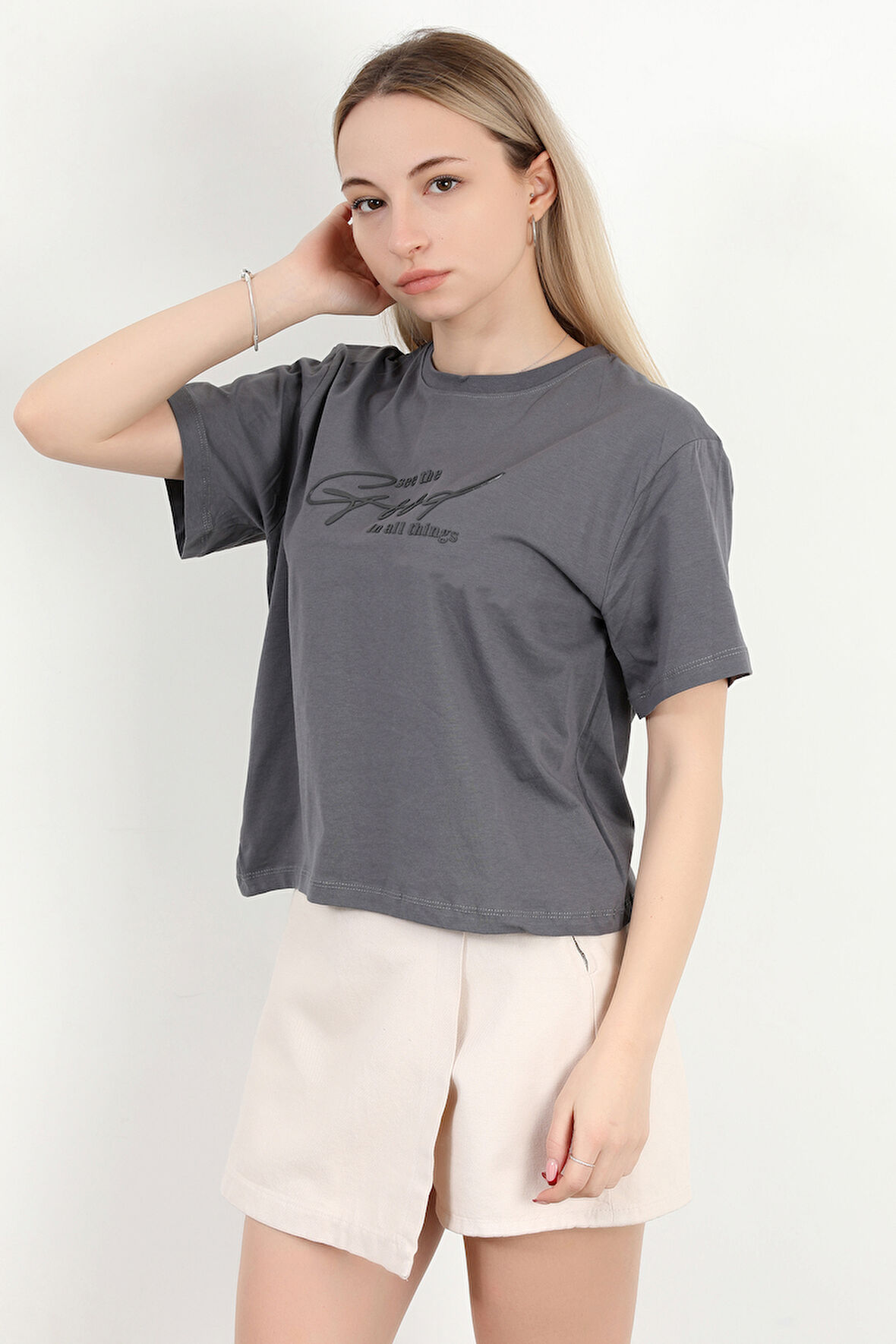 Kadın Bisiklet Yaka Yazı Baskılı Pamuklu T-Shirt Antrasit - 925020