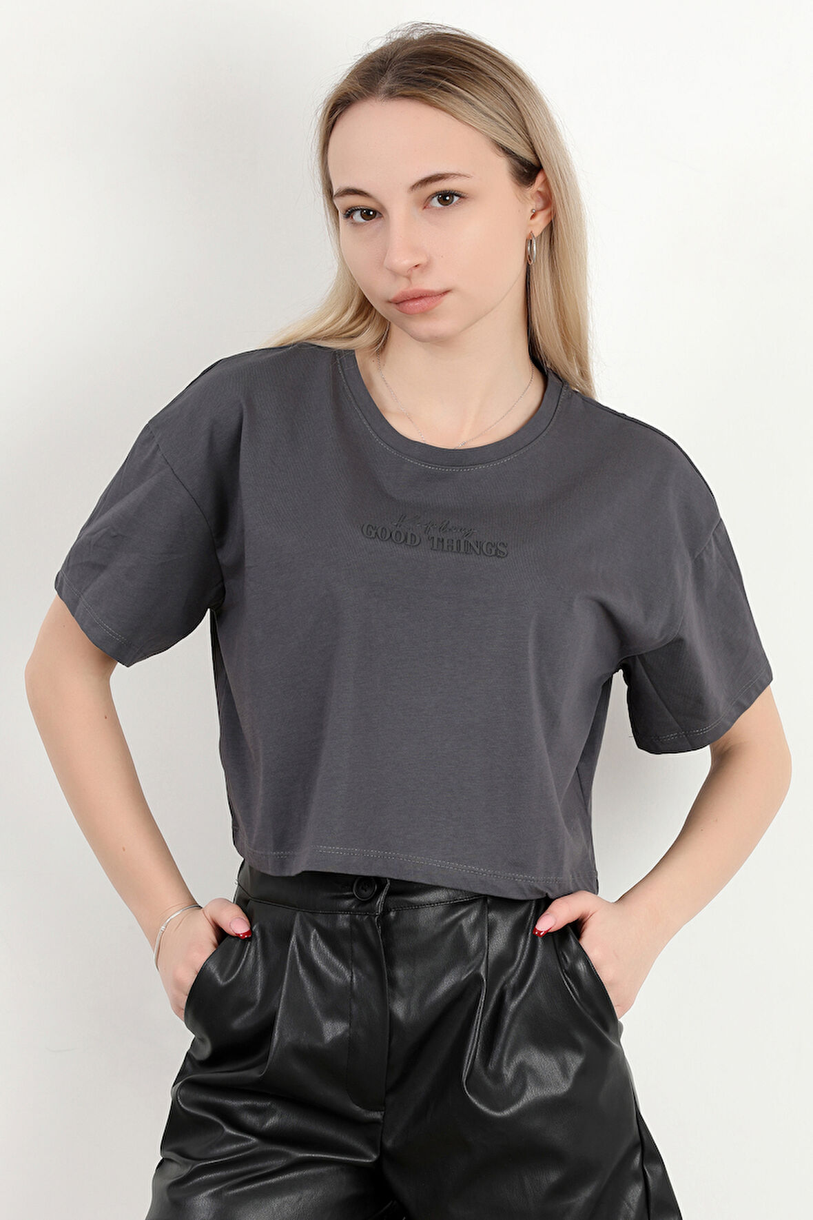 Kadın Bisiklet Yaka Good Things Baskılı T-Shirt Antrasit - 925039