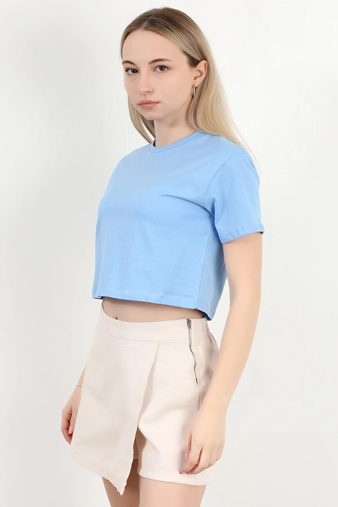 Kadın Bisiklet Yaka Basic Spor T-Shirt Mavi - 925003