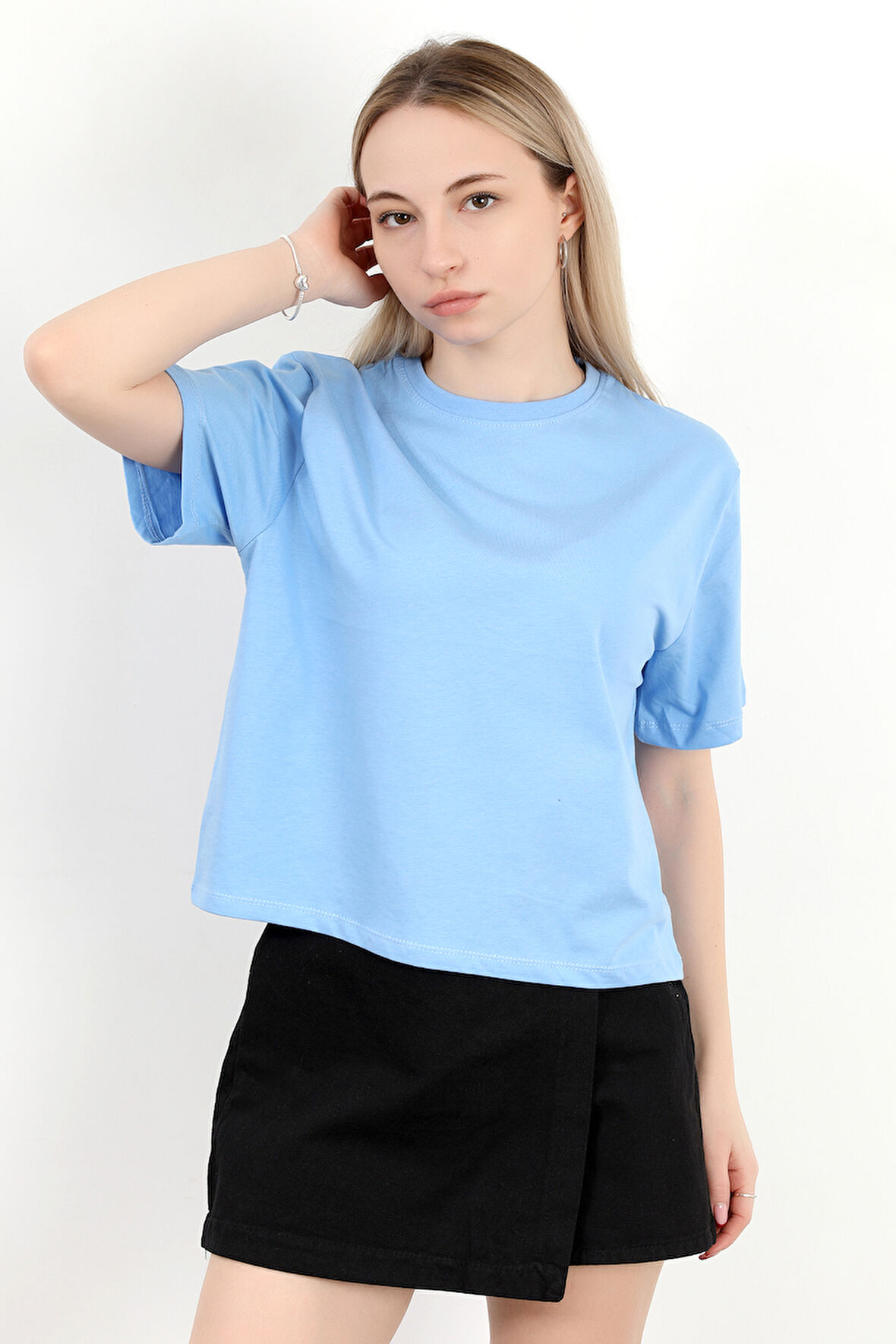 Kadın Bisiklet Yaka Pamuklu Düz Basic T-Shirt Mavi - 925006