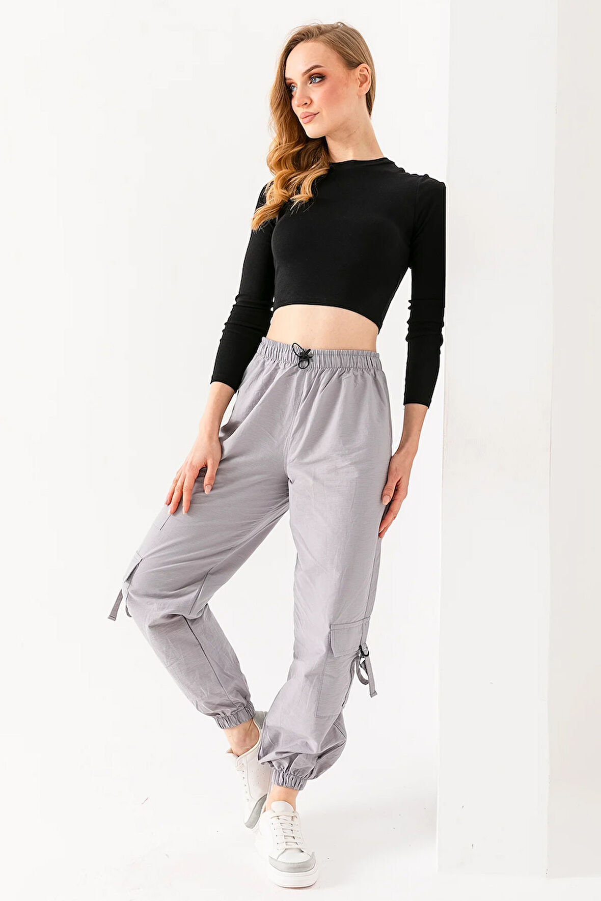 Kadın Beli Ayarlanabilir Kargo Cep Paraşüt Pantolon Gri - 925045