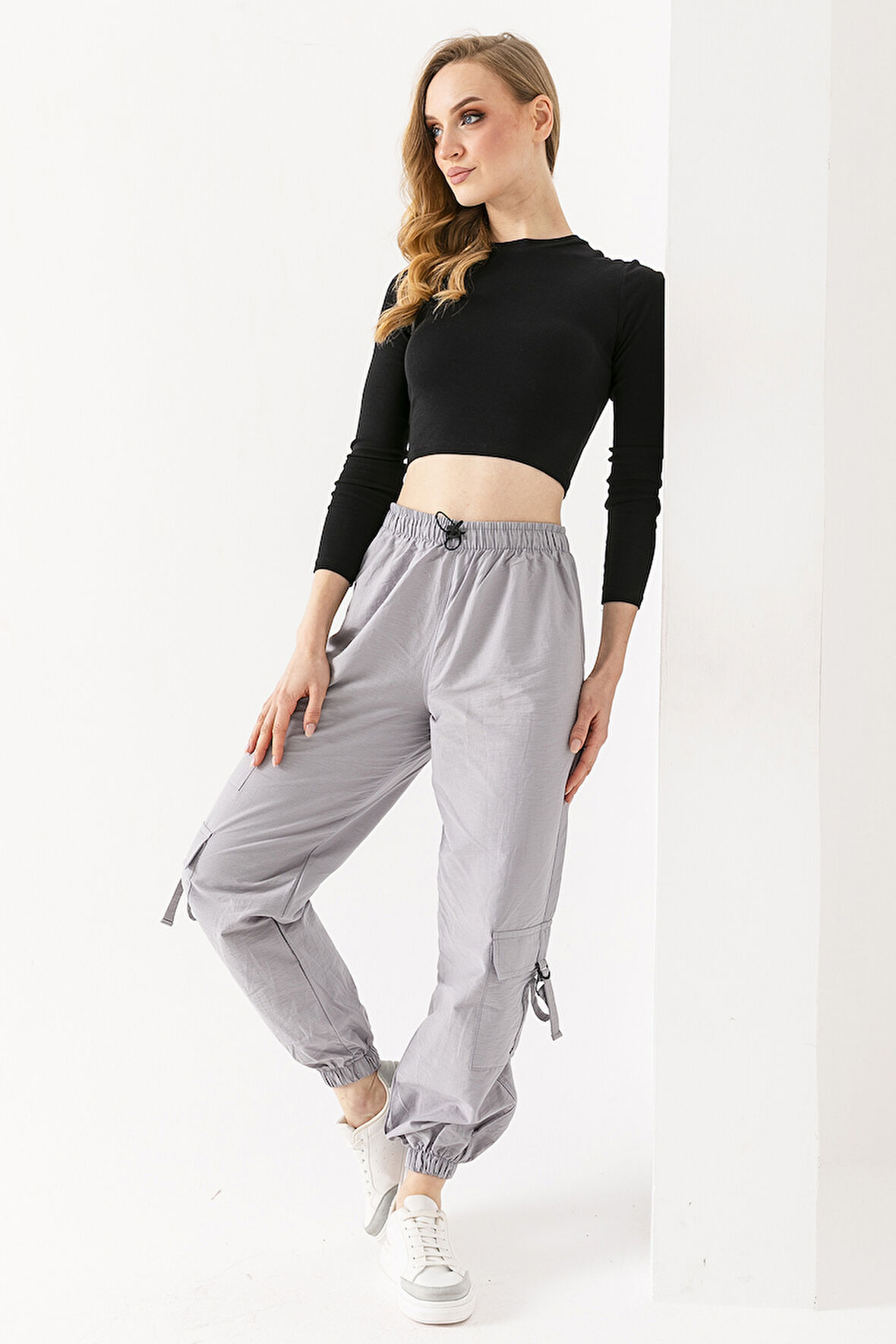 Kadın Beli Ayarlanabilir Kargo Cep Paraşüt Pantolon Gri - 925045