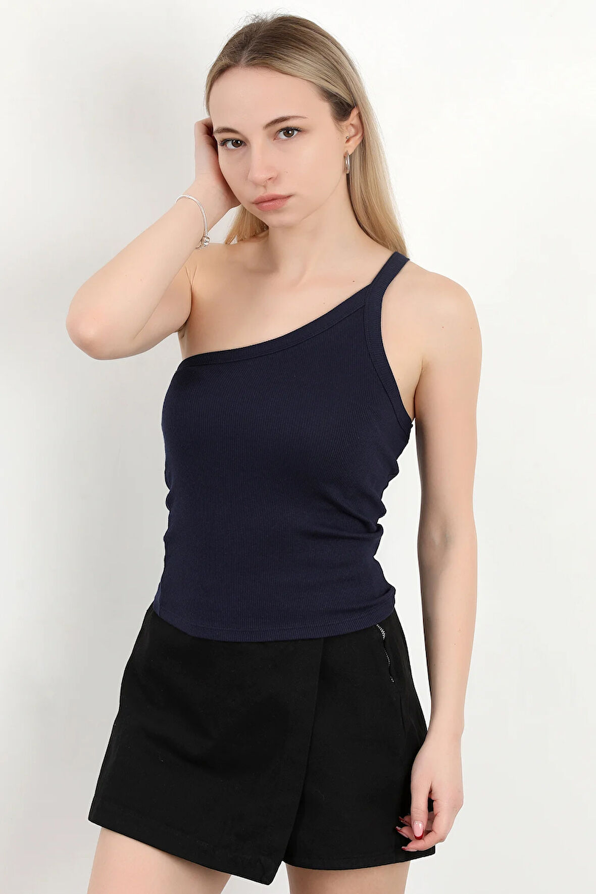 Kadın Tek Omuz Asimetrik Yaka Dokulu Bluz Lacivert - MS0000579