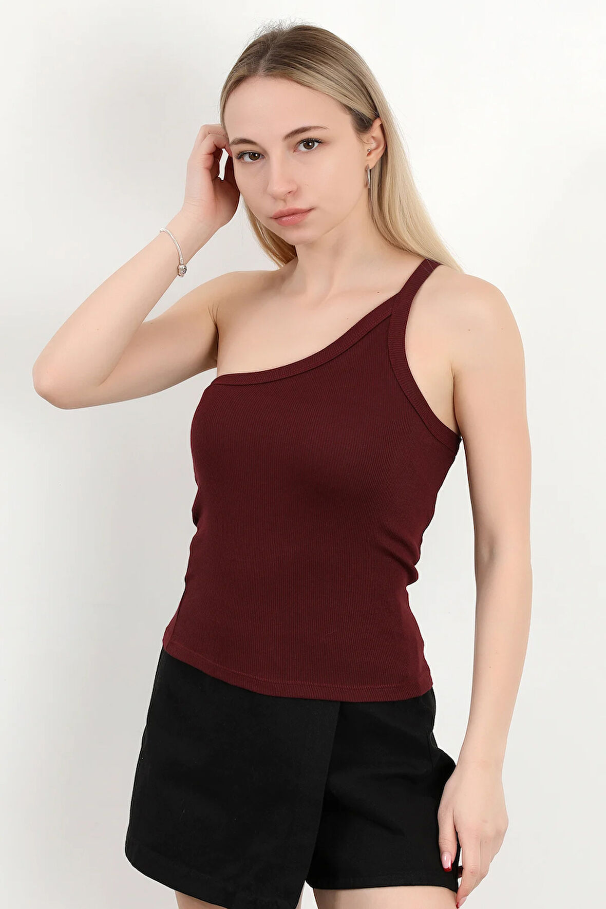 Kadın Tek Omuz Asimetrik Yaka Dokulu Bluz Bordo - MS0000579