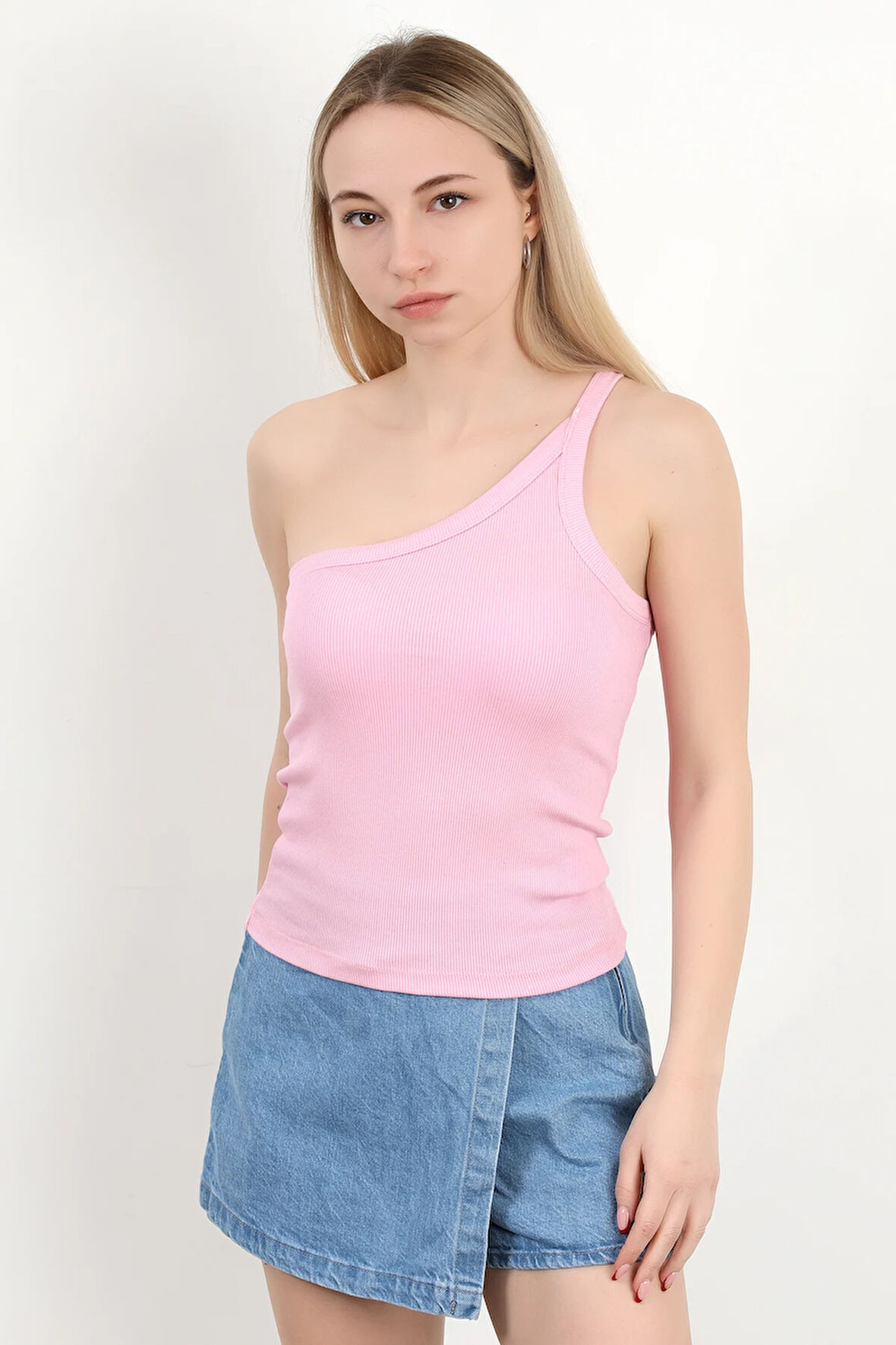 Kadın Tek Omuz Asimetrik Yaka Dokulu Bluz Pembe - MS0000579