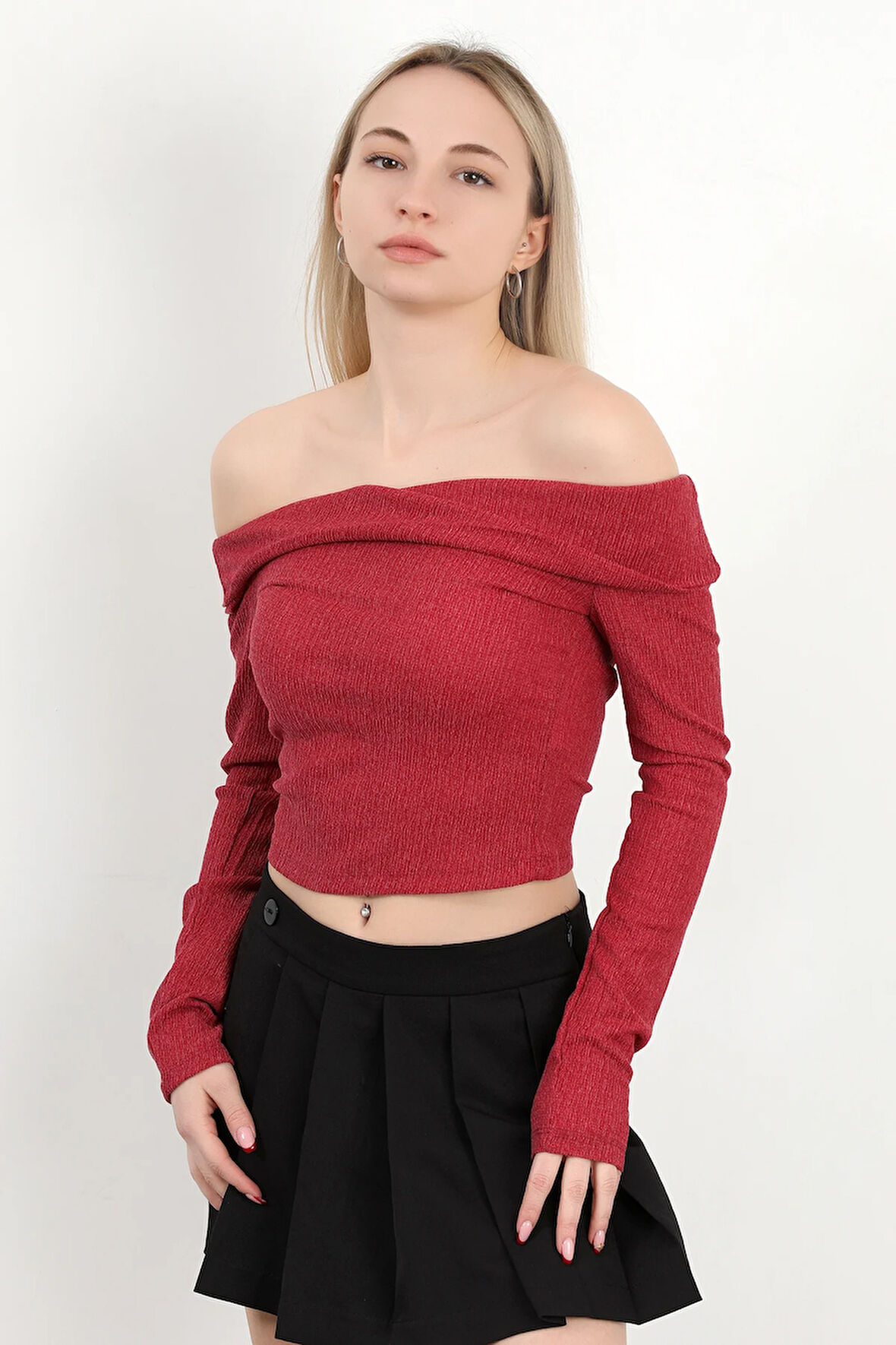 Kadın Madonna Yaka Uzun Kollu Bürümcük Bluz Bordo - MS0000589