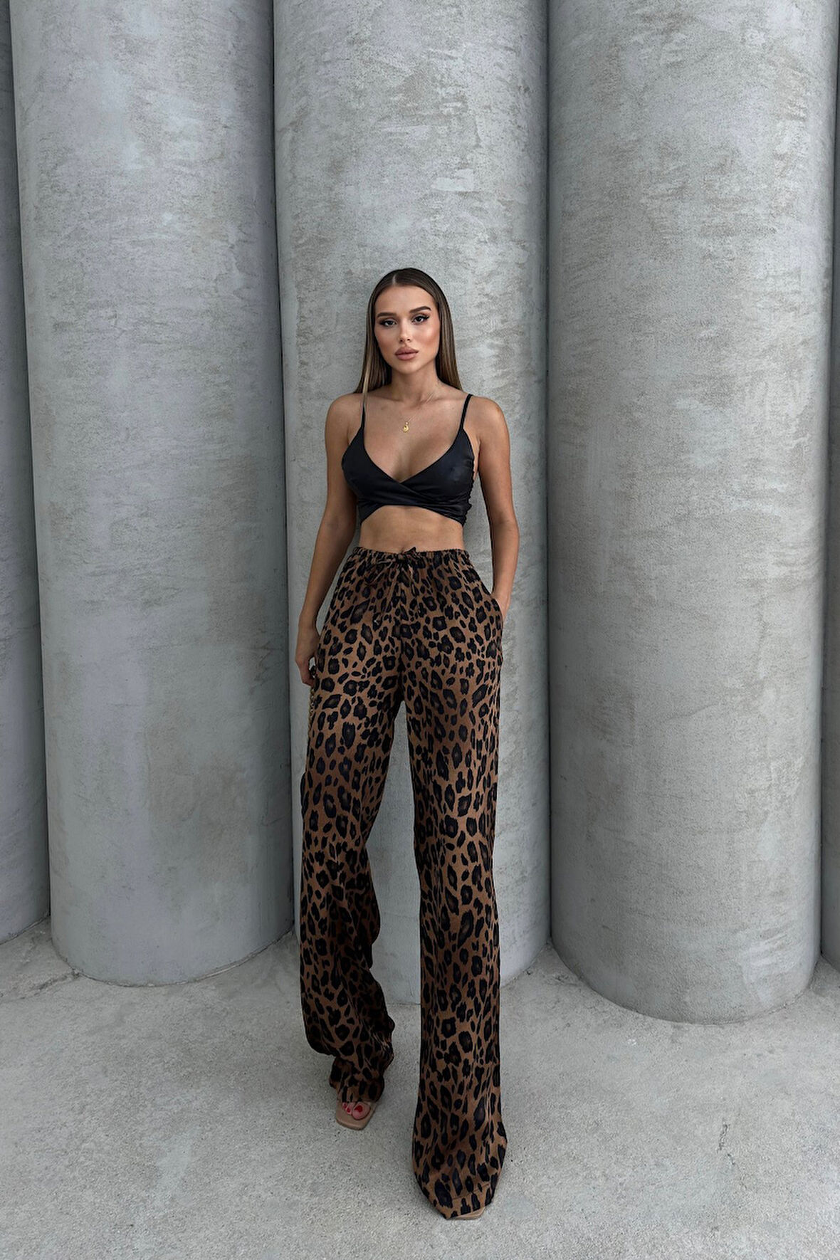 Kadın Beli Lastikli Bağlama Detaylı Palazzo Pantolon Leopar - 25Y 2189