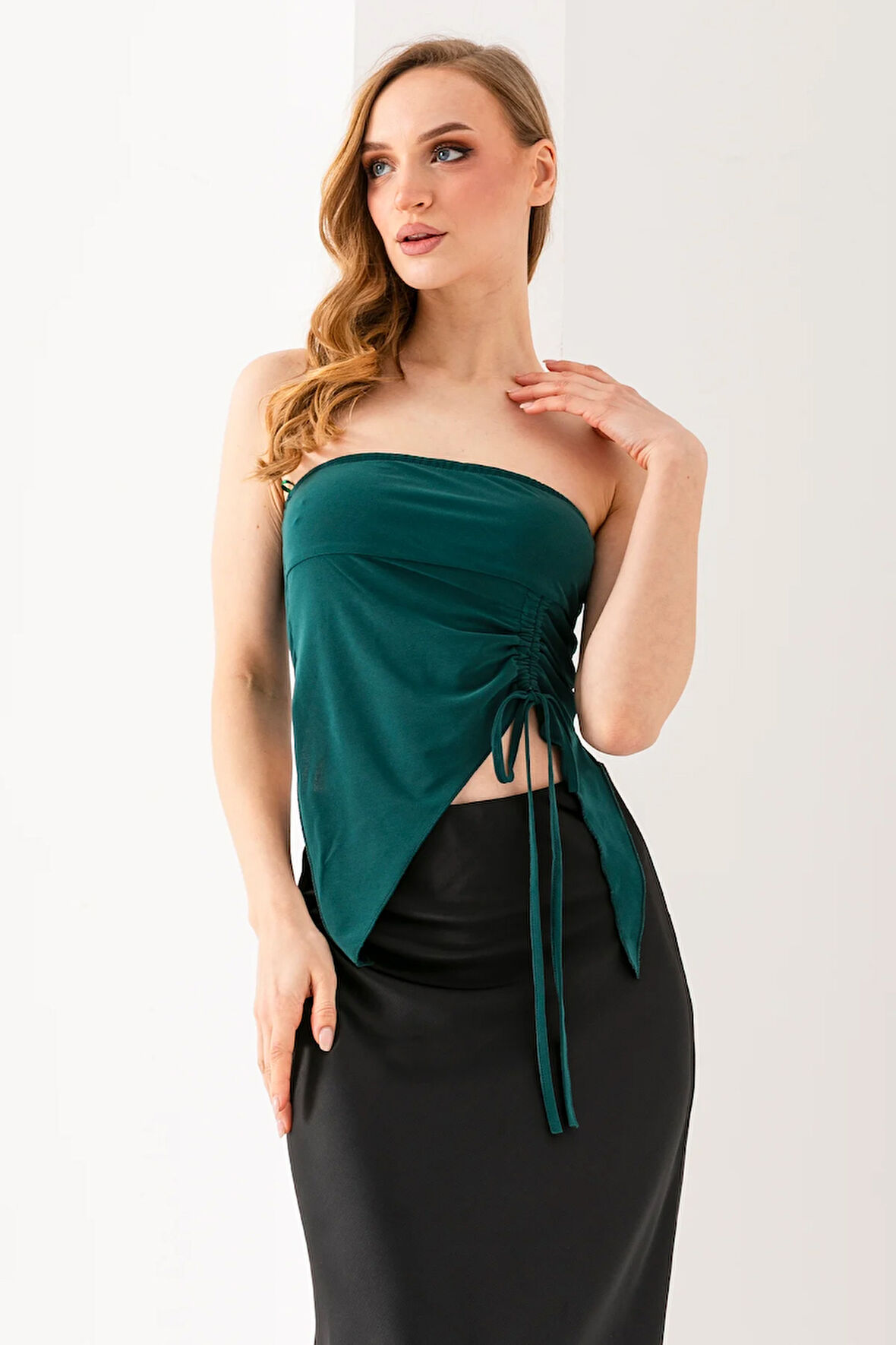 Kadın Büzgülü Asimetrik Kesim Straplez Bluz Yeşil - 2454