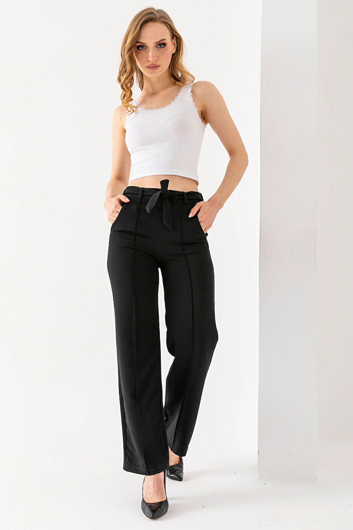 Kadın Beli Lastikli Kuşaklı Bol Paça Pantolon Siyah - 241108