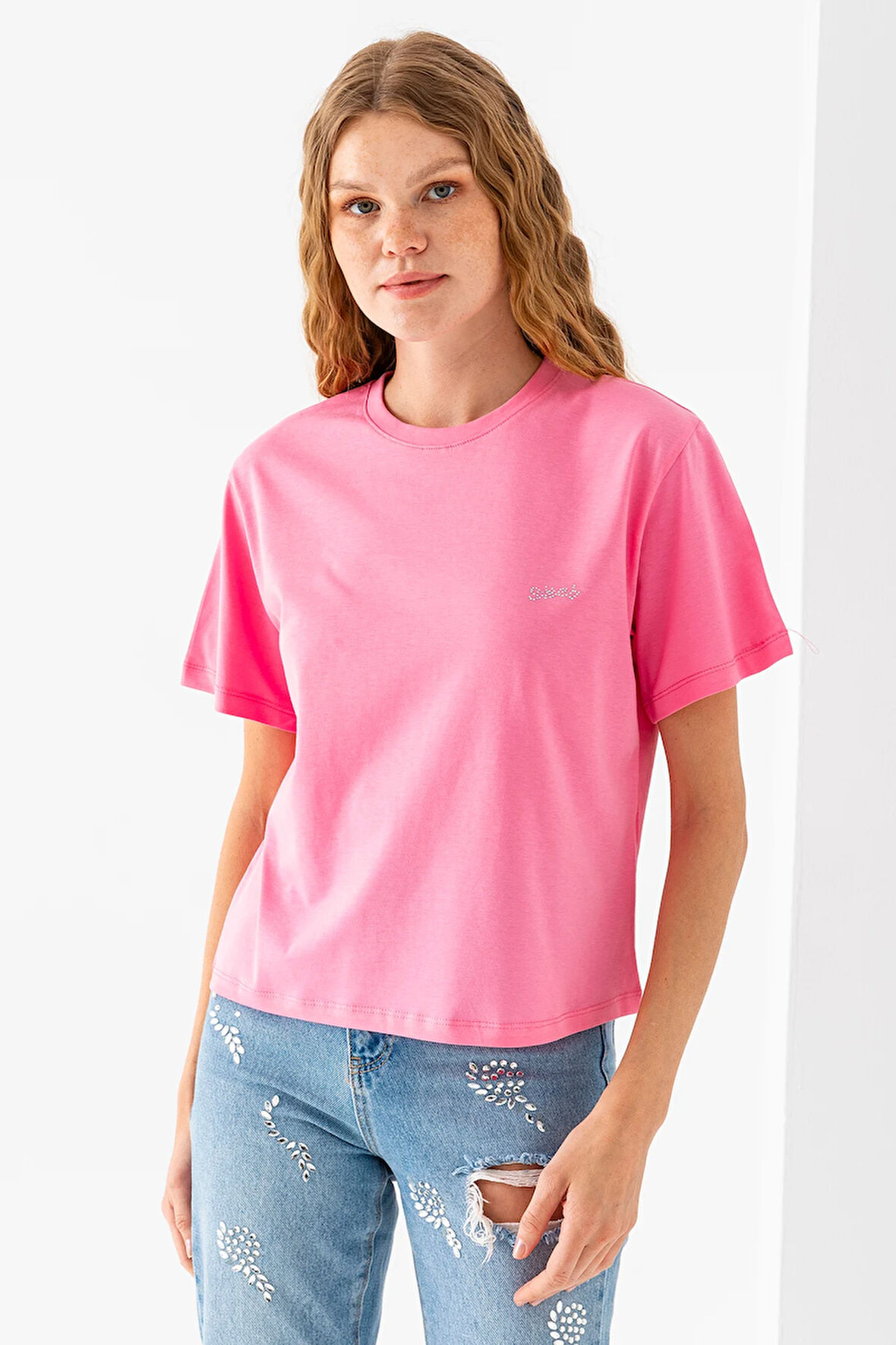 Kadın Bisiklet Yaka Taş Baskılı Pamuklu T-Shirt Pembe - 925023