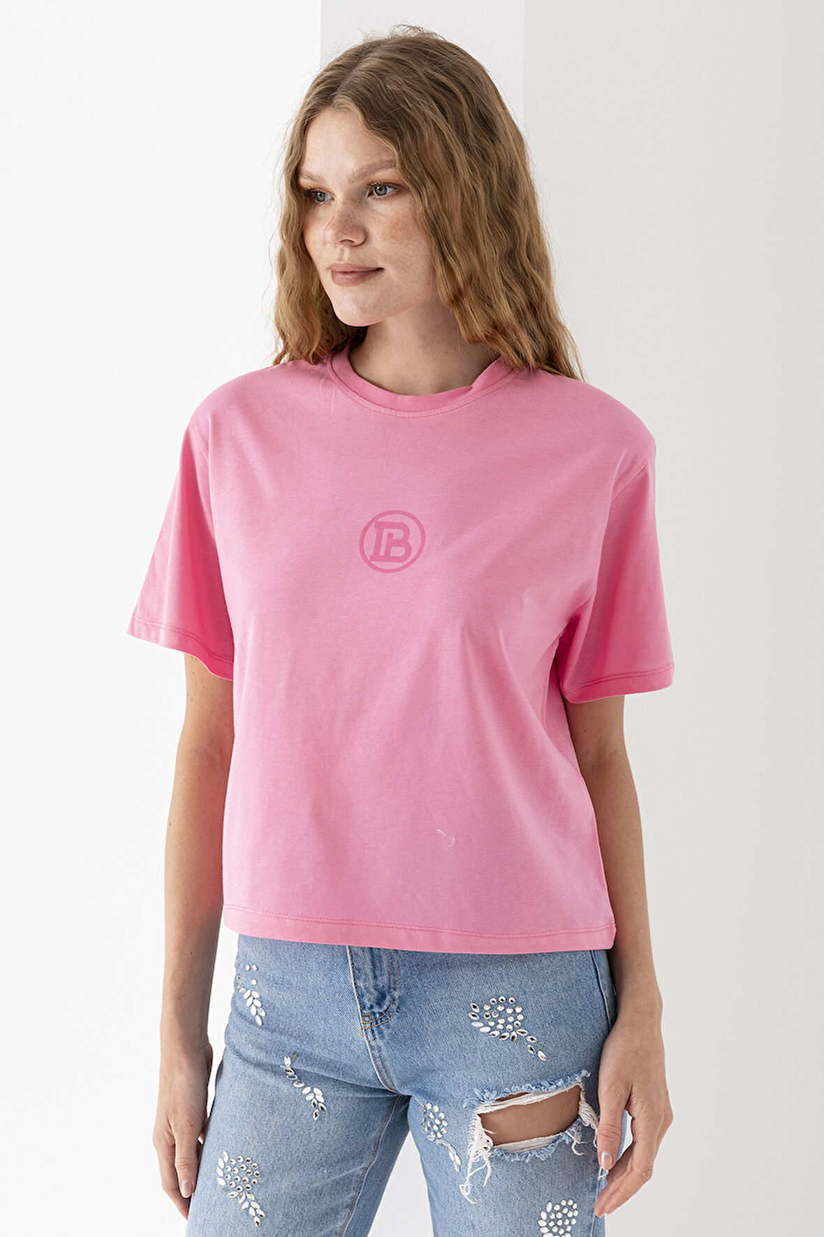 Kadın Bisiklet Yaka Baskılı %100 Pamuklu T-Shirt Pembe - 925024