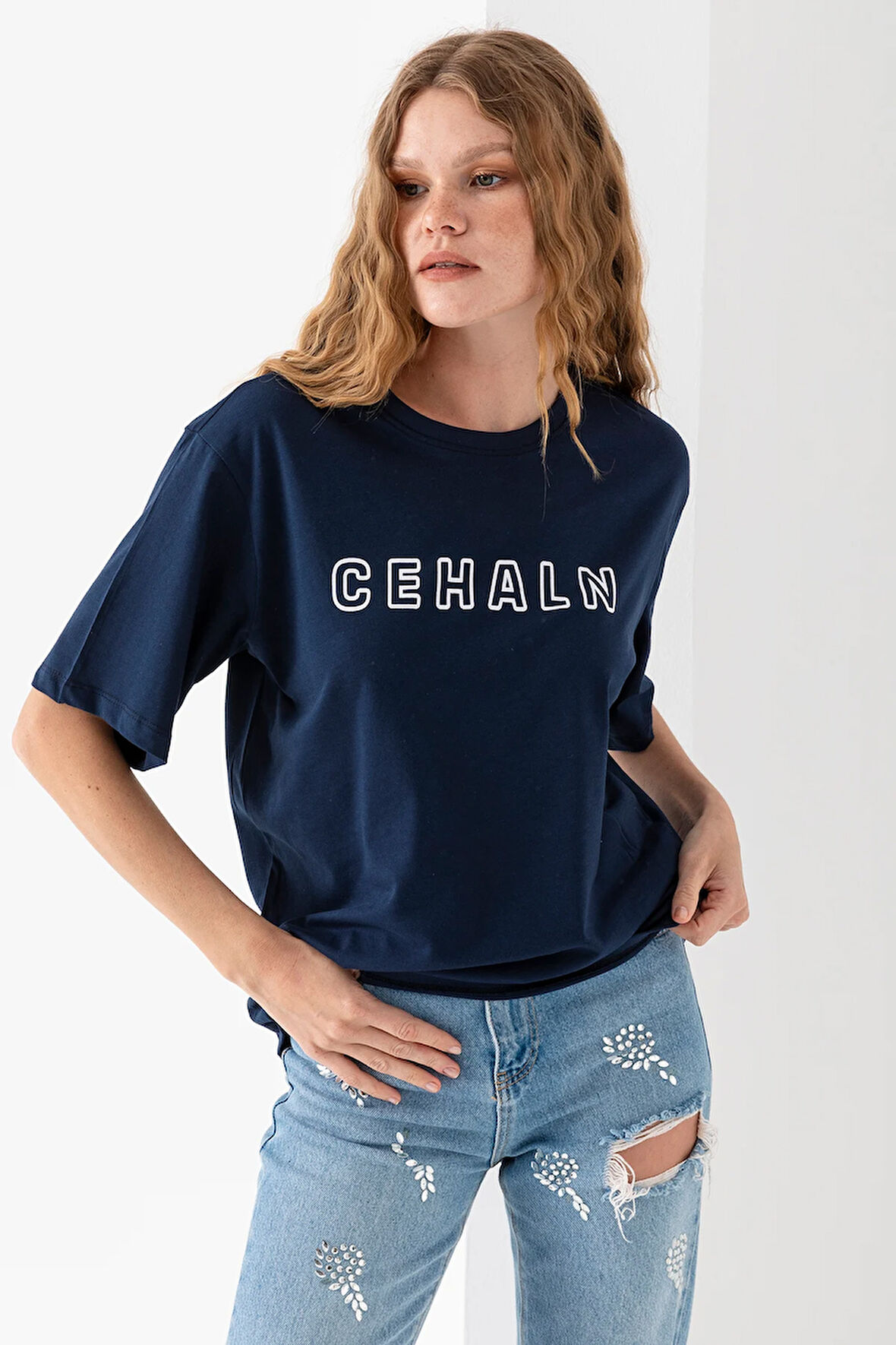 Kadın Bisiklet Yaka Cehaln Baskılı Pamuklu T-Shirt Lacivert - 925015