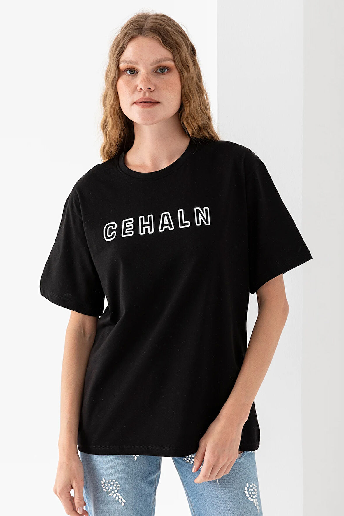 Kadın Bisiklet Yaka Baskılı Pamuklu T-Shirt Siyah - 925015