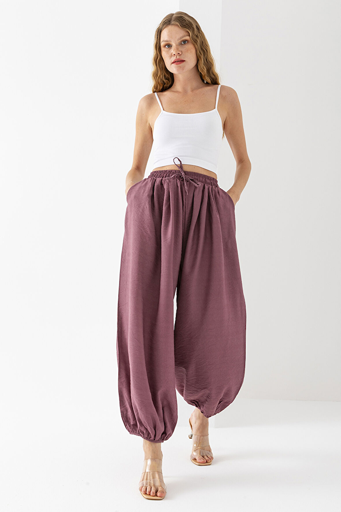 Kadın Beli Ayarlanabilir Çift Cepli Şalvar Pantolon Mürdüm - 4007