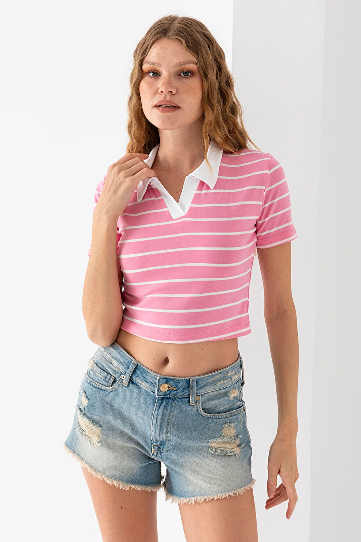 Kadın Polo Yaka Çizgili Pamuklu T-Shirt Pembe Beyaz - 25795
