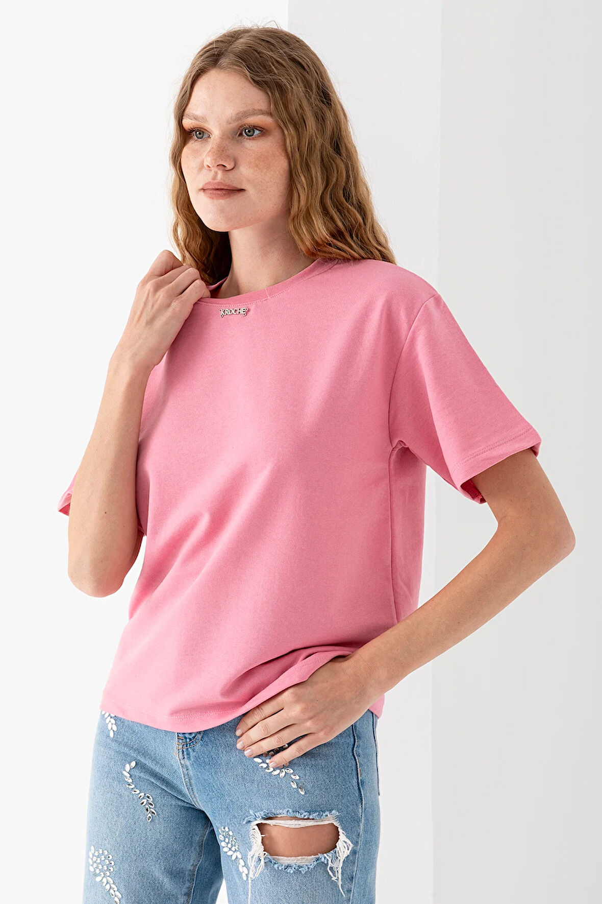 Kadın Bisiklet Yaka Kroche Aksesuarlı T-Shirt Pembe - 25779