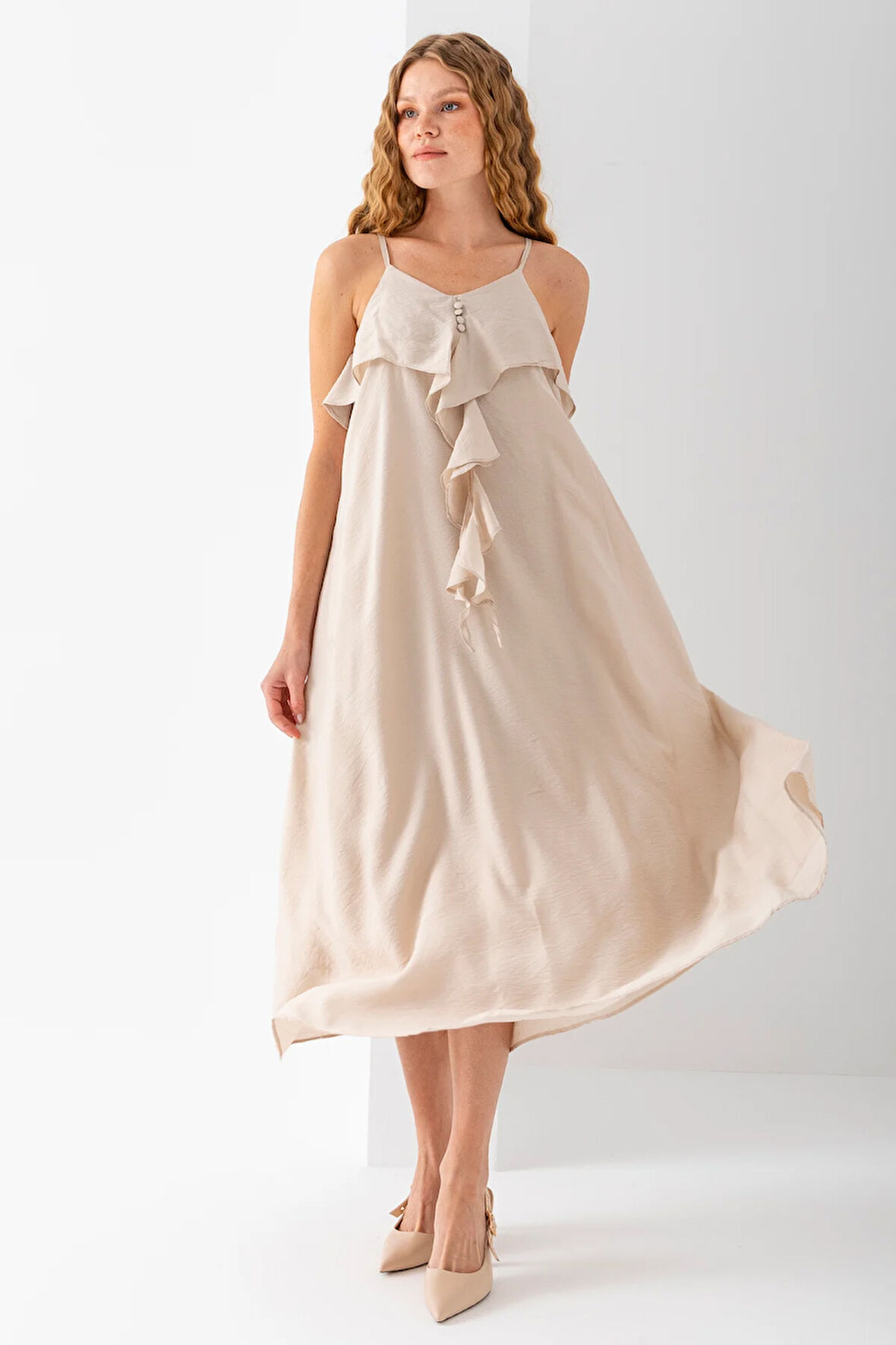 Kadın İp Askılı Önü Fırfırlı Astarlı Elbise Taş - 3004