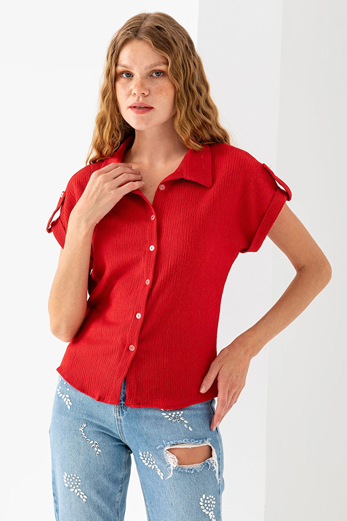 Kadın Gömlek Yaka Kısa Kollu Bürümcük Bluz Kırmızı - 20270