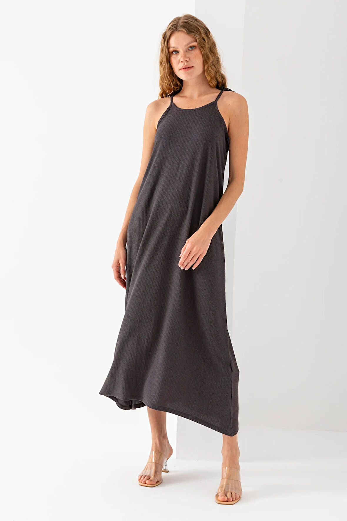 Kadın Askıları Bağlama Detaylı Uzun Bürümcük Elbise Antrasit - 254403