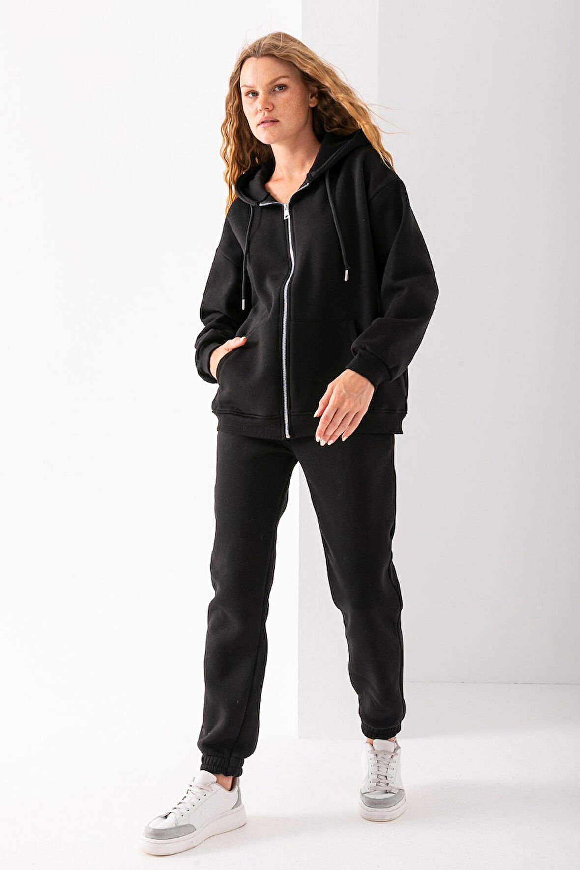 Kadın Fermuarlı Sweatshirt Siyah Şardonlu Oversize Kapüşonlu Hoodie - 9015 - 264401